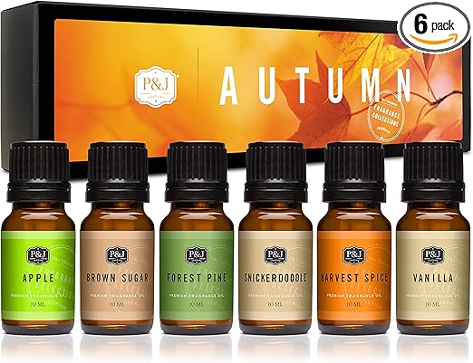 P&J Fragrance Oil Autumn Set | Brown Sugar, Apple, Harvest Spice, Vanilla, Forest Pine, and Snickerdoodle Candle Scents for Candle Making, Freshie, Soap Making Supplies, Diffuser Oil Scents