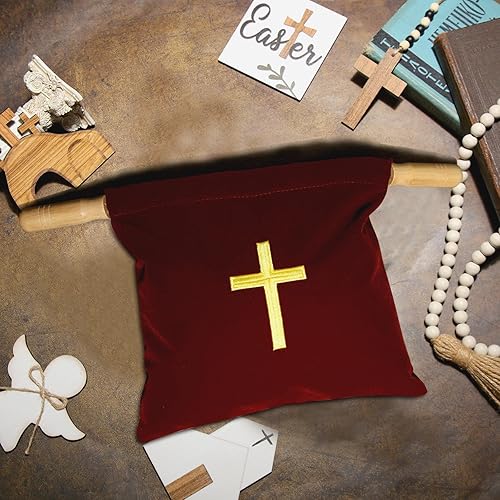 Miniatura 5 de Abbylike Bolsa de terciopelo para ofrendas de iglesia con asas de madera, bolsa de ofrenda religiosa de 10 pulgadas, bolsa de colección de iglesias