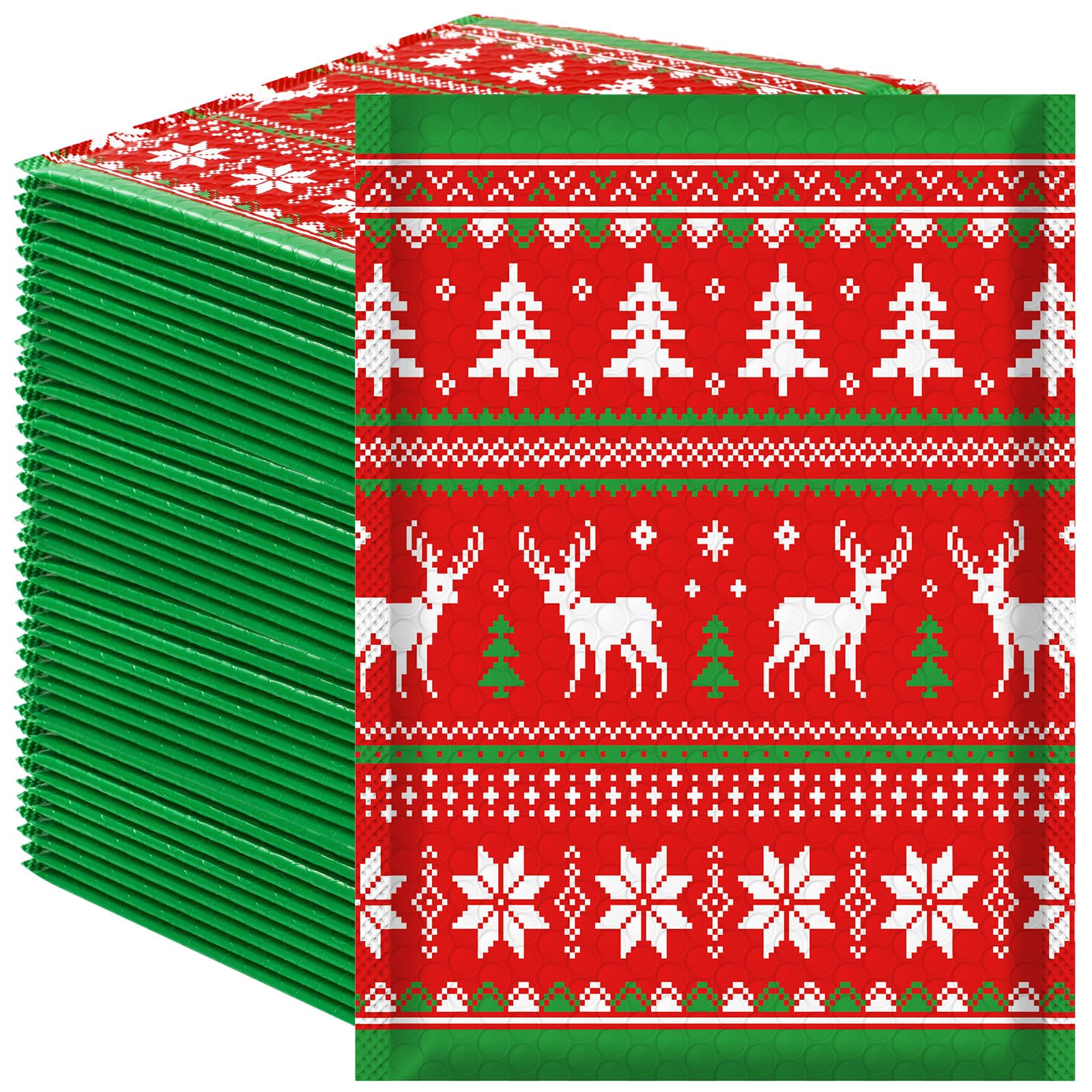 JarThenaAMCS Luftpolster-Versandtaschen, Weihnachtsmotiv, selbstklebend, Elch, Schneeflocke, Weihnachtsstern, für Weihnachten, Winter, kleine Unternehmen, 21,1 x 29 cm, Rot / Grün, 50 Stück