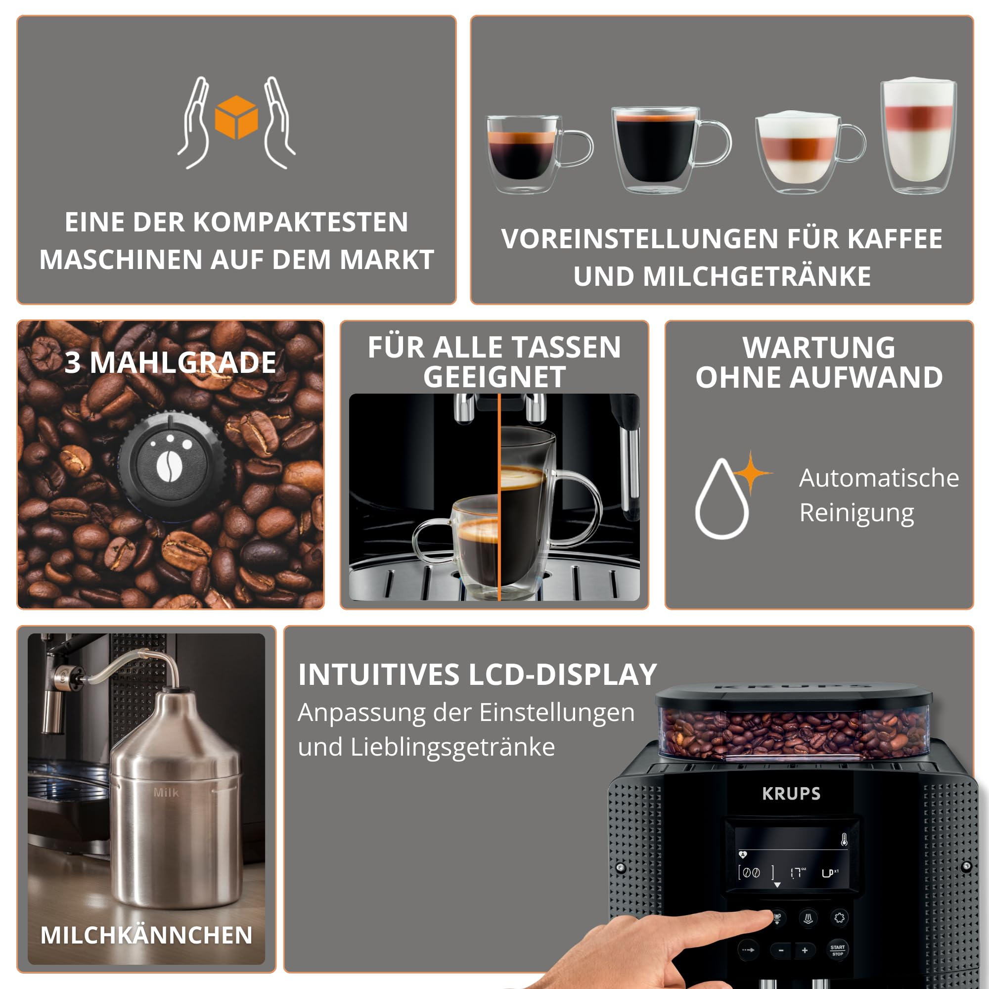 Krups Essential Coffee Machine Macinino, macchina da caffè espresso con display LCD, pulizia automatica, ugello a vapore nero per cappuccino YY8135FD