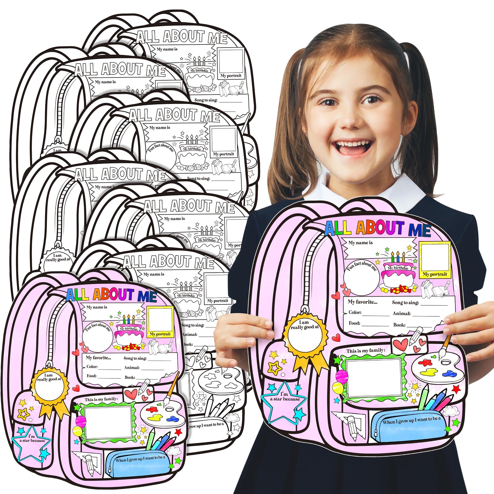 Faccito 40 Pieces Schoolbag All About Me Posters Students Posters to Fill in Student of The Week Posters Read All About Me Classroom Decorations for School Teacher Supplies