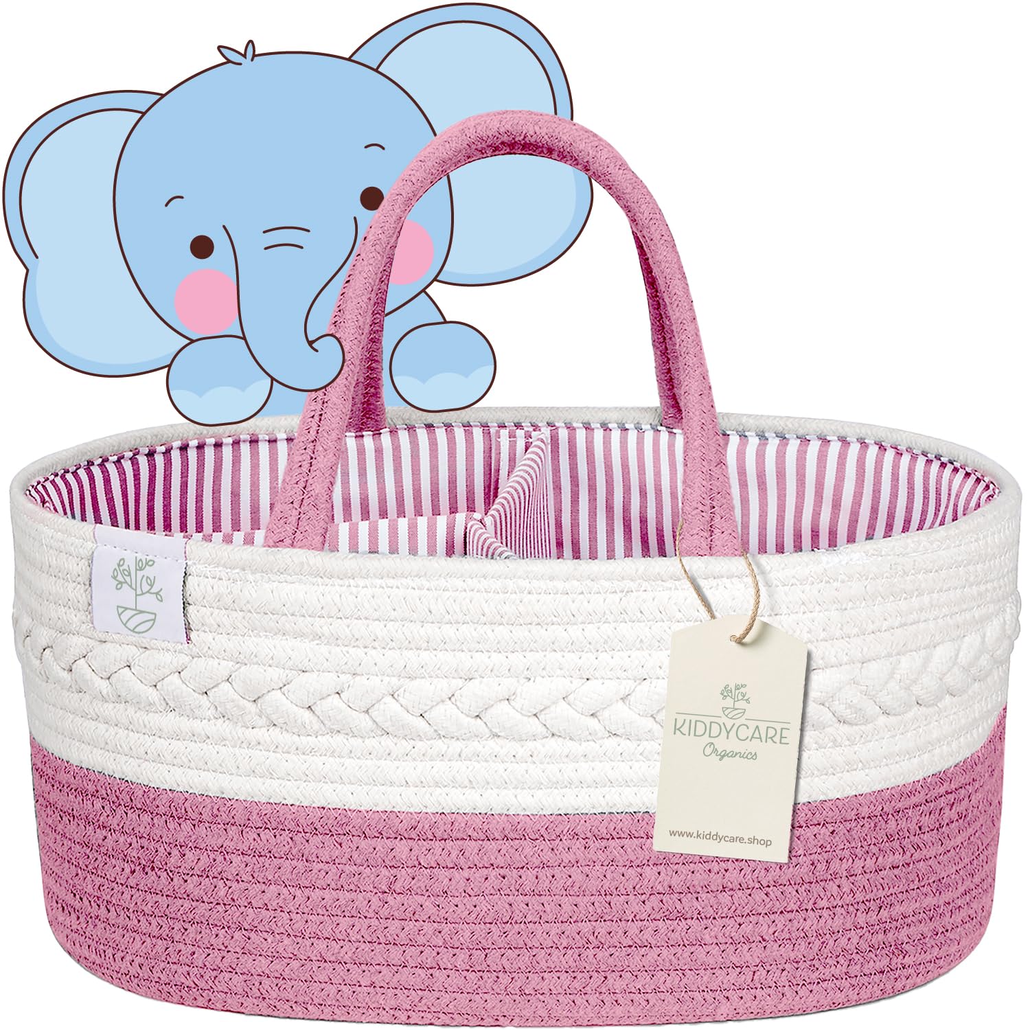 KiddyCare - Vielseitiger Wickelkorb und Windel-Organizer aus 100% Baumwolle und Gewebtem Seil, 3 Herausnehmbare Fächer, Ideal für Unterwegs, Babyshower Geschenk [Pink, Normale Größe]