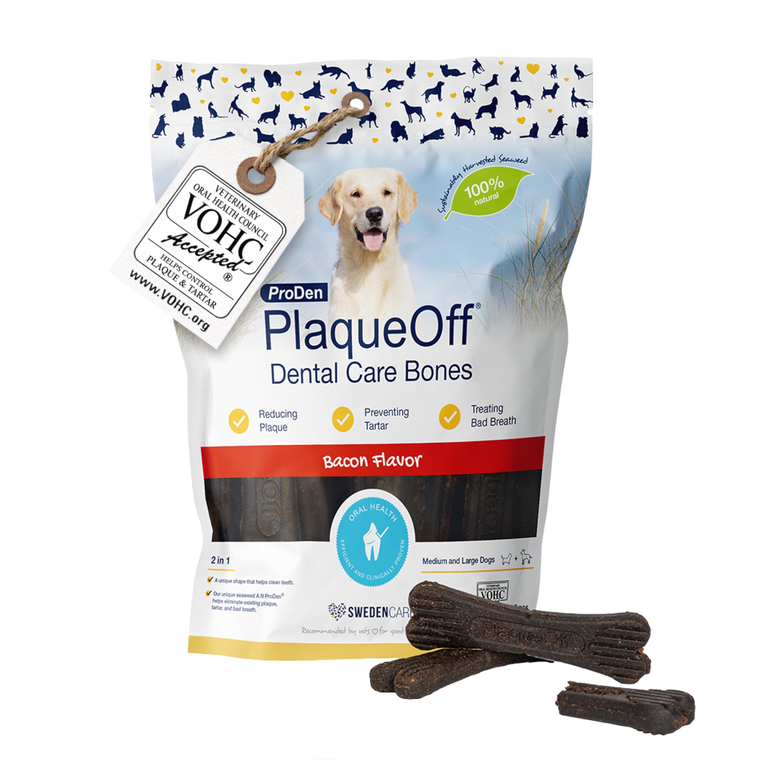 ProDen PlaqueOff Kauknochen für Hunde Zahnpflege, Pack mit 13 Knochen, Dental Sticks für mittelgroße und große Hunde, Dental Knochen für Plaque und frischen Atem, Speck | 13 Zahnknochen für große Hunde aus Beicon | Reduziert Zahnstein und Mundgeruch | Sna