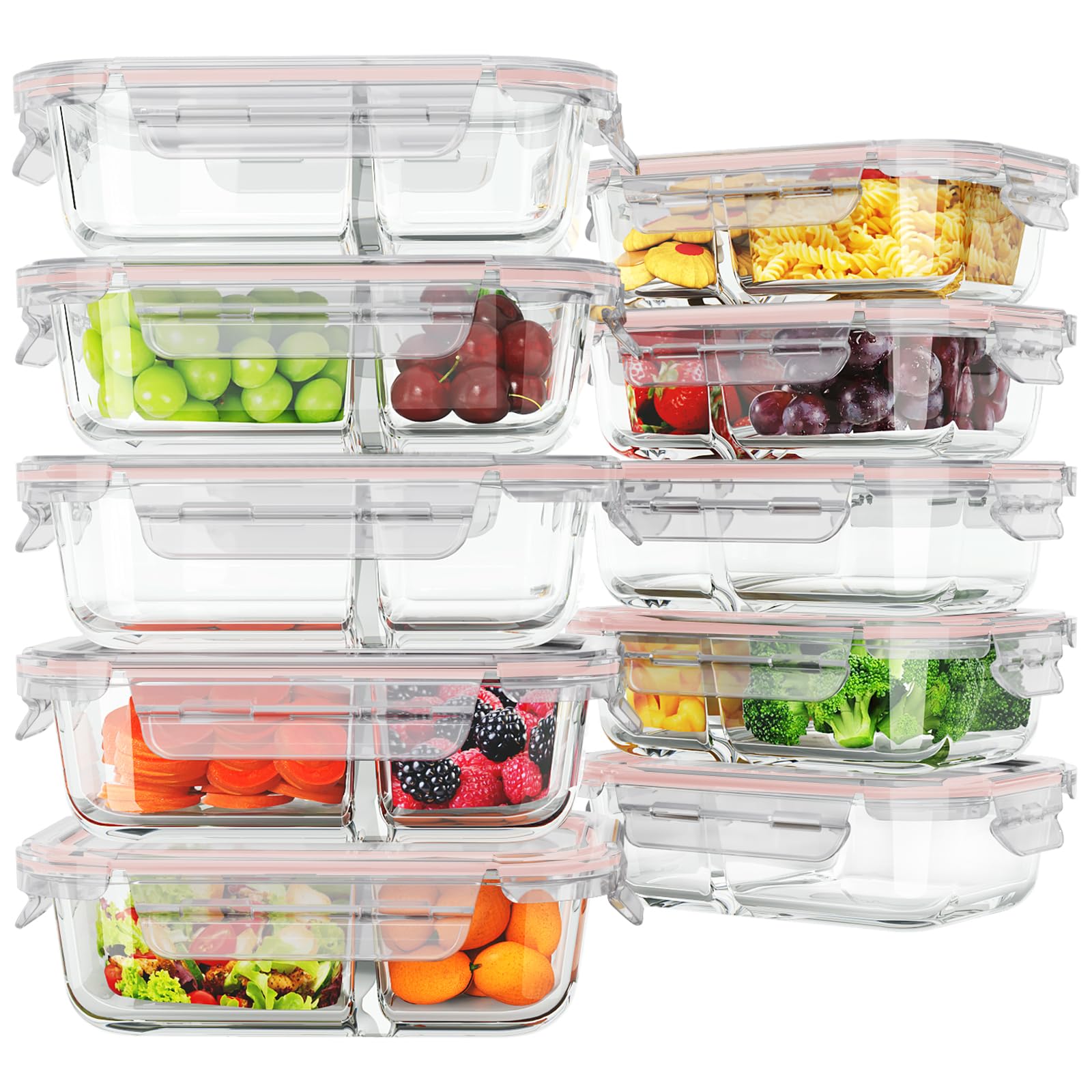 10 Pack Glass Meal Prep Containers 2 Compartment, Glass Food Storage Containers with Lids, Airtight Glass Lunch Bento Boxes, BPA-Free & Leak Proof (10 lids & 10 Containers) - Pink