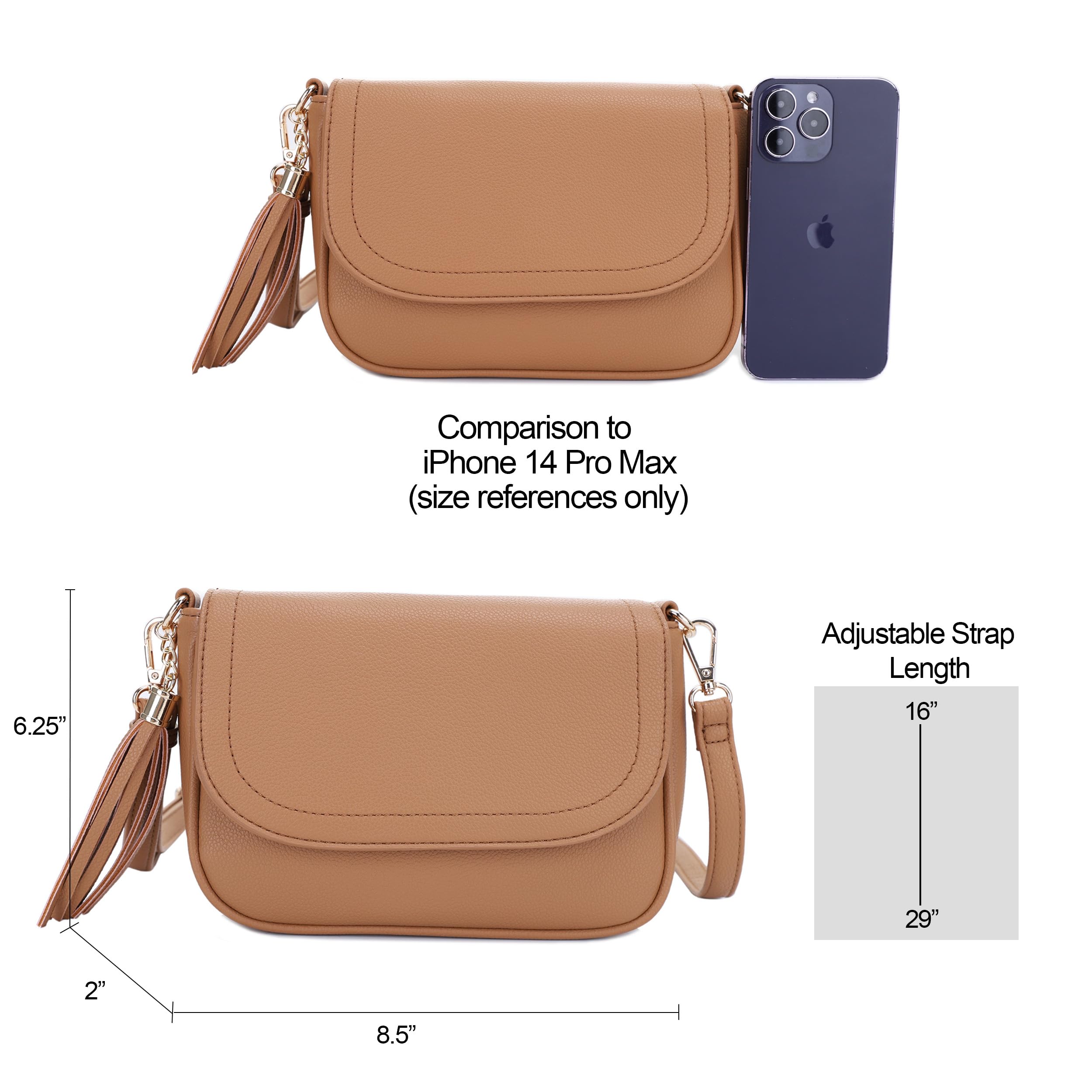 EVVE Bolso bandolera pequeño para mujer, con solapa, con borlas, de piel vegana, bolso de hombro