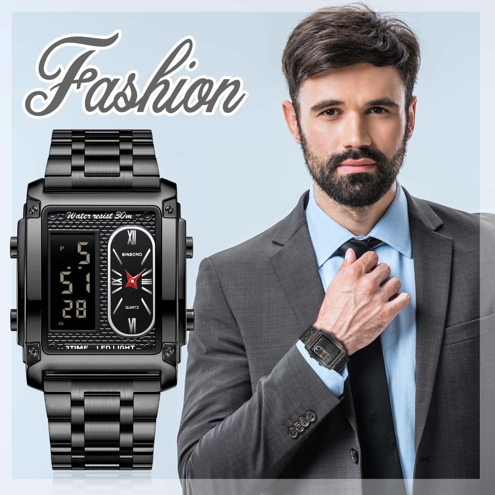 JewelryWe Herrenuhr Chronograph Multifunktional Uhr 30m Wasserdicht Militär Analog Digital Armbanduhr Herren Edelstahl Rechteckig Digitaluhr Sport Uhr mit LED Multizeit Kalender Wecker Stoppuhr
