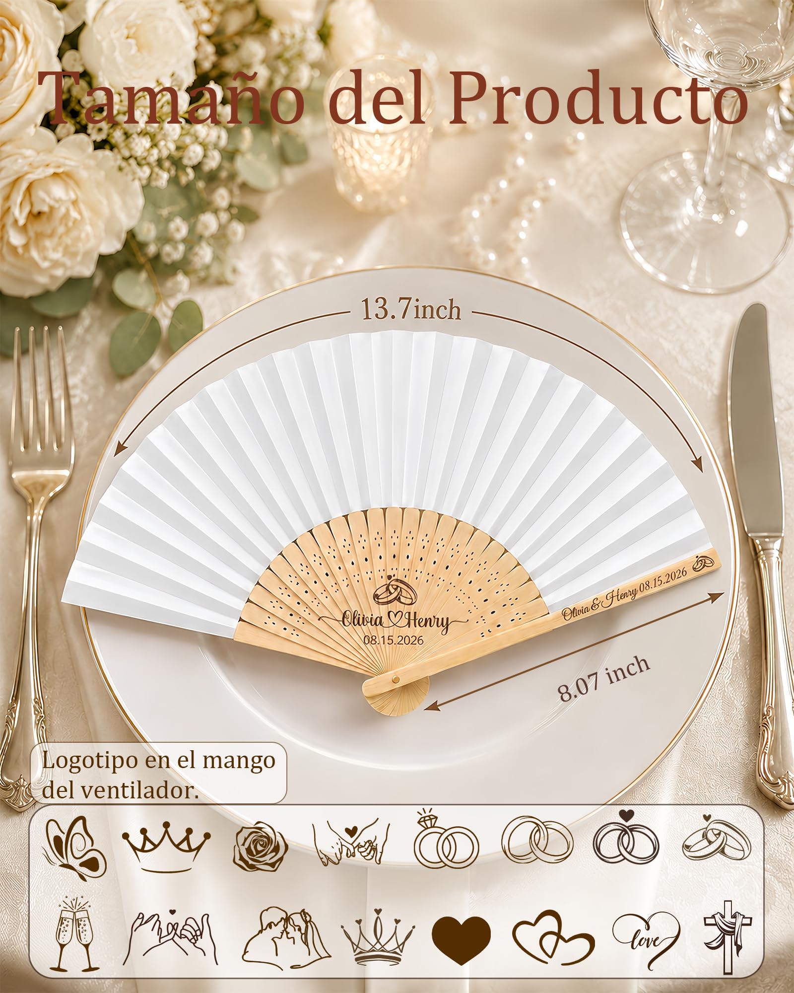 Abanicos Personalizados de Madera para Bodas – Abanico Boda Personalizado con Texto/Diseño Grabado/Bolsa de Organza y Borla, Detalles Boda para Invitados, Eventos y Decoración (50Pcs)