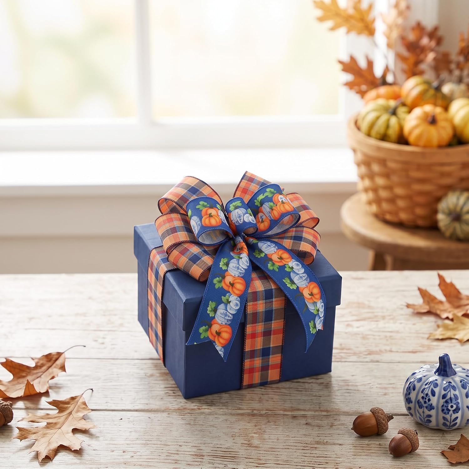 2 Rolls 10 Yards Fall Wired Ribbons for Wreath Bows Wrapping Gifts, Blue and Orange Plaid Ribbon Autumn Pumpkin Wired Ribbon for Thanksgiving Party, Home, Festival Décor DIY Crafts 2.5" image 4
