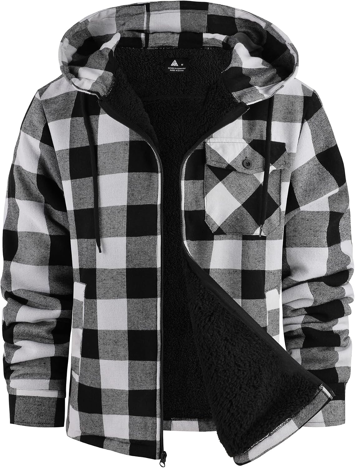V VALANCH Men's Sherpa Lined Flannel Jacket with Hood Full-Zip Fleece Coat