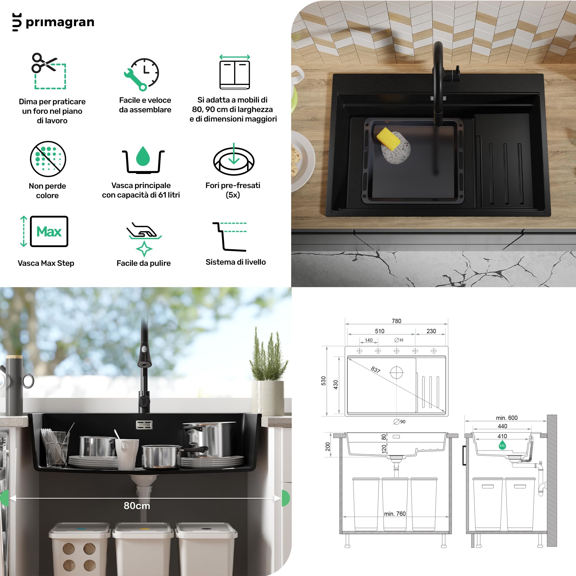 PRIMAGRAN Lavello da Cucina Nero 78x53cm, Lavandino in Granito a 1 vasca + Sifone Classico, Lavabo da Cucina Incasso al Mobile 80cm - Oslo Max Step S095