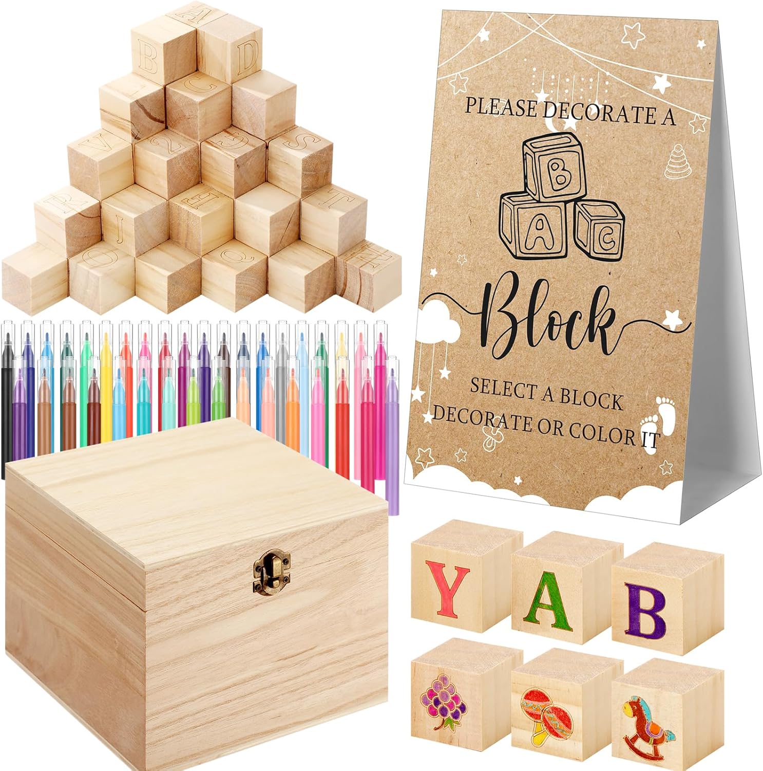Marsui 136 Pcs Baby Shower Blocks to Decorate Game Kit Includes 98 Wooden Blocks, 36 Markers, 1 Game Sign, 1 Storage Box for Baby Shower Gender Reveal Activity Party Decorations(Cloud) incomplete 