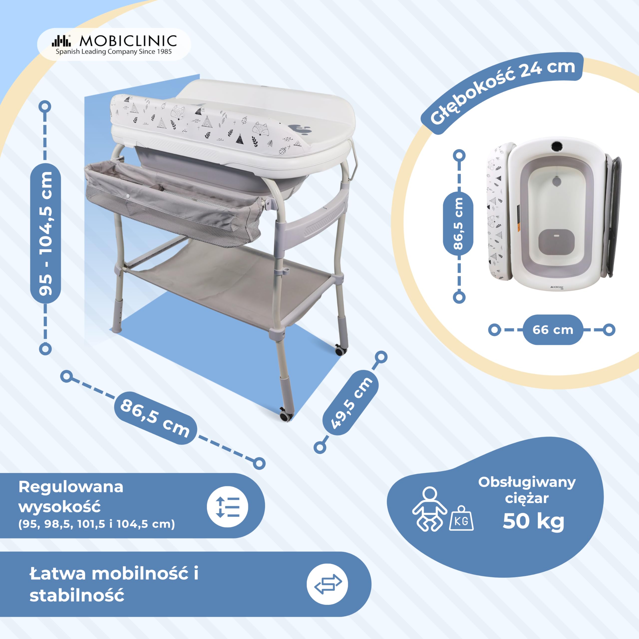 Mobiclinic®, Rzewijak dla niemowląt 2 w 1 z wanienką, Trendy, 4 regulacje wysokości, Termometr, Kółka hamulcem, Koszyk do przechowywania, 50 kg, Rurka odpływowa, 0-36 miesięcy