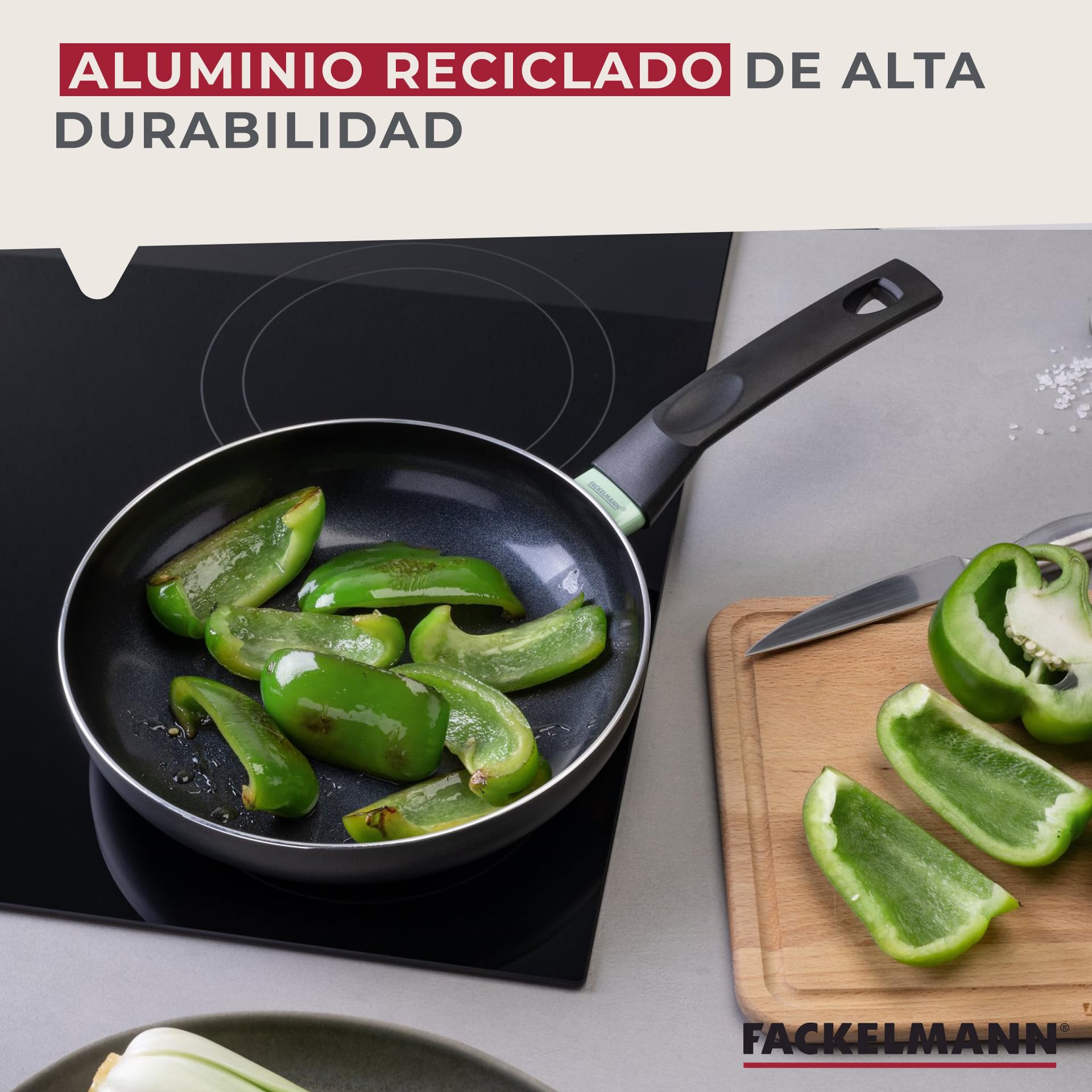 Fackelmann Brandao Set de 3 sartenes antiadherentes, 20/24/28 cm, Aluminio Reciclado, Revestimiento Antiadherente Cerámico Resistente hasta 400ºC, Libres de PFA, Aptas para Inducción