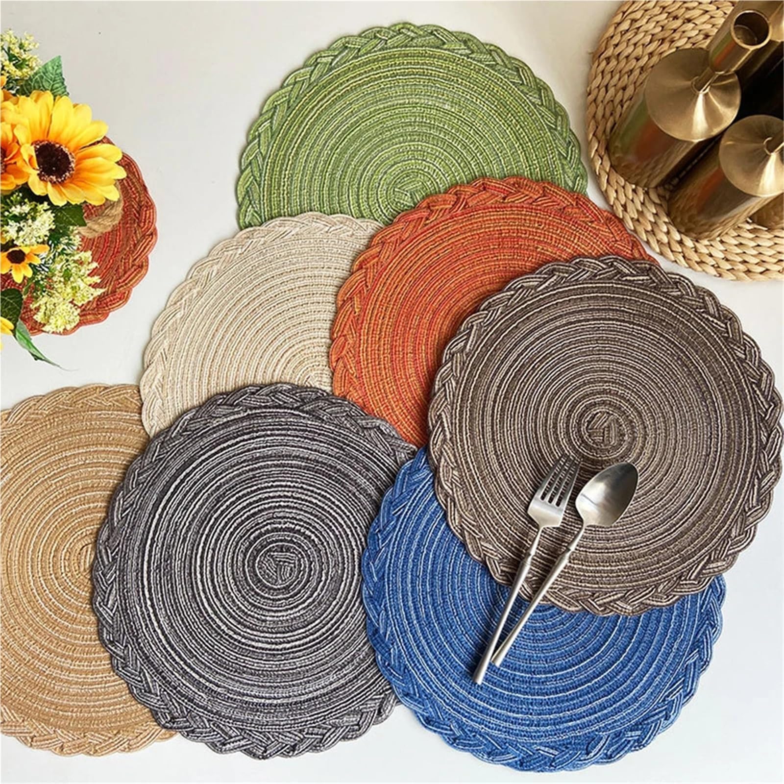 4 manteles Individuales Redondos de ramio Tejidos, Antideslizantes for Mesa Comedor, for vajilla, Posavasos for Tazas y Bebidas Cocina para Mesas De Comedor Y Cocinas(Coffee,4 pcs 30 cm)