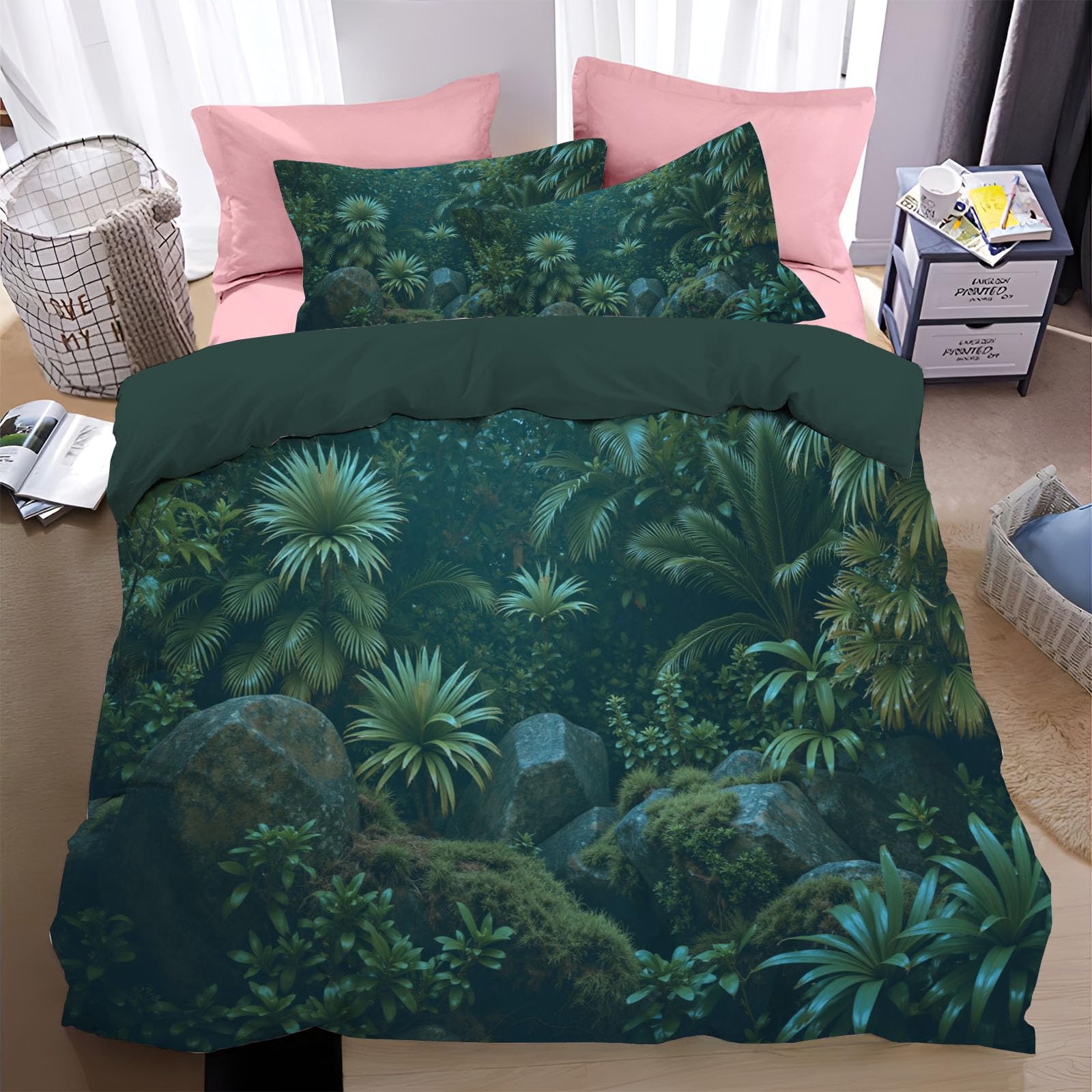 Housse de couette 140x200cm vert foncé avec 2 taies d'oreiller