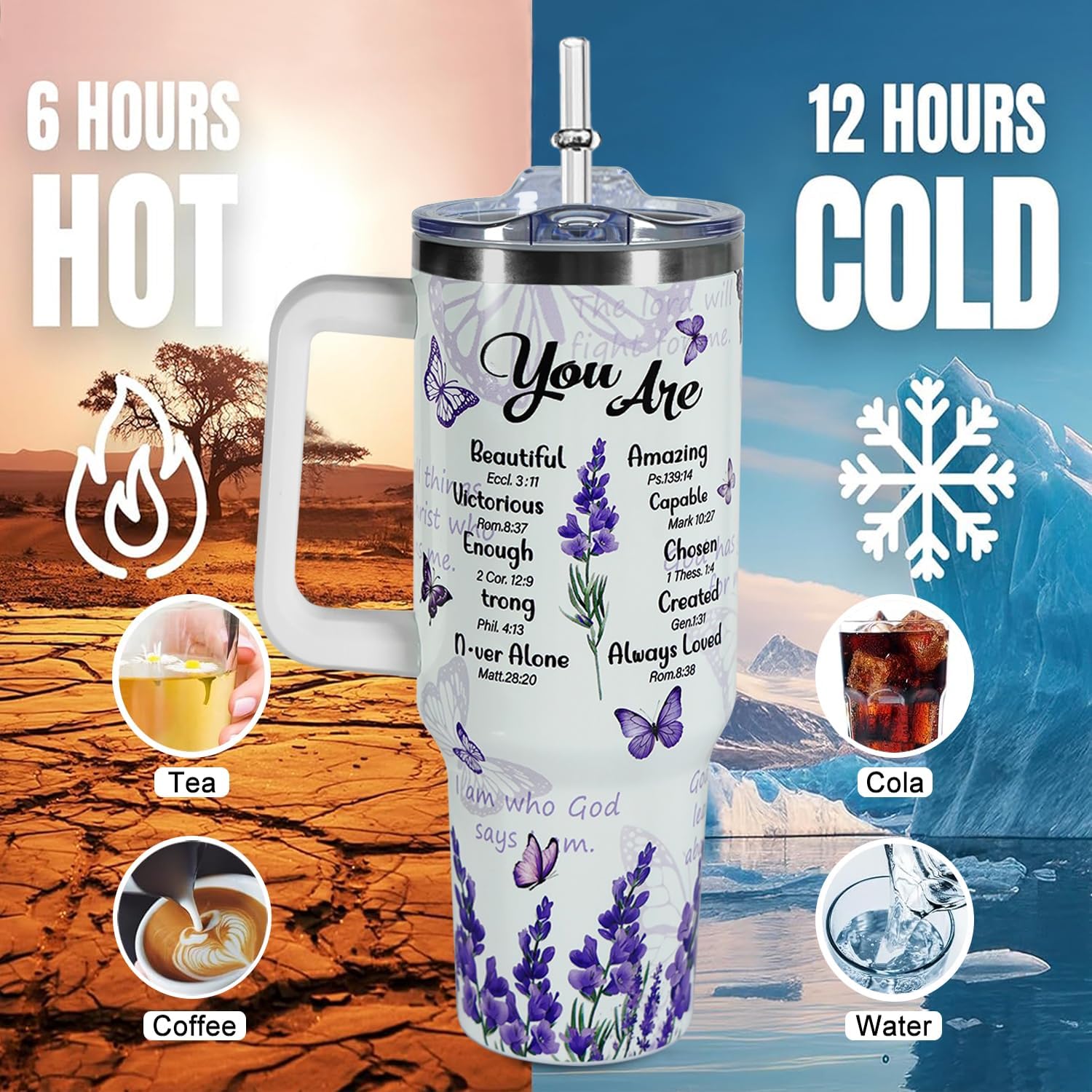 Christian Gifts 40 oz Butterfly Bible Verse Tumbler With Handle Lid and Straw,Religious Faith Inspirational Spiritual Tumblers, Jesus Coffee Cups - Image 8