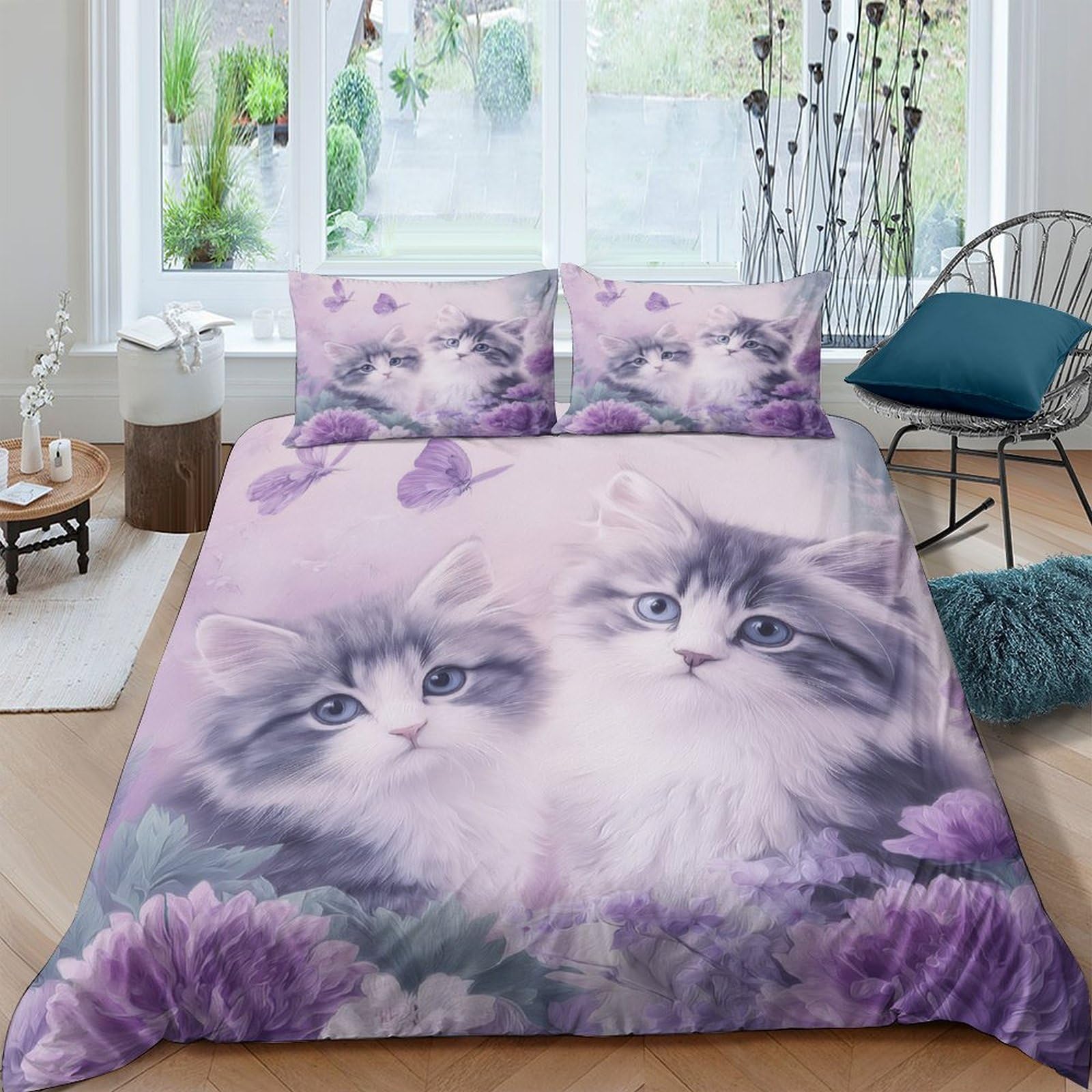 Ctjqhvkz Style-8 3D Printed Fluffy Kitten Fitted Sheet Microfiber Purple Floral Bed Cover Non-Slip Machine Washable For Bedroom Guest Room Single（135X200cm）