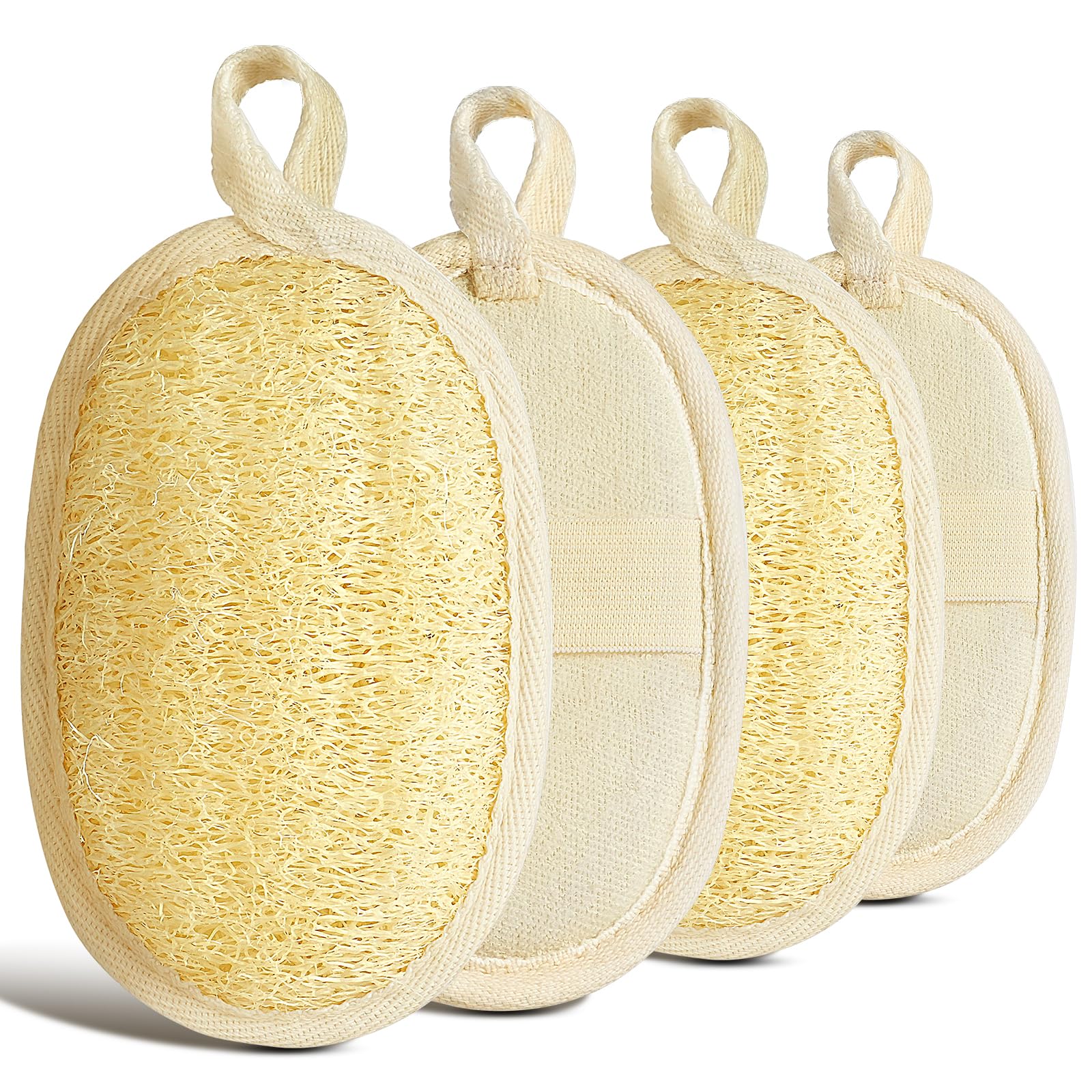 AOOWU Éponge Loofah Naturel, 4PCS éponges naturelles exfoliantes pour le corps, sangle de bain en luffa avec coussinet éponge Luffa, Loofah Back Scrubber pour Spa, Cuisine, Visage Corps, le Bain