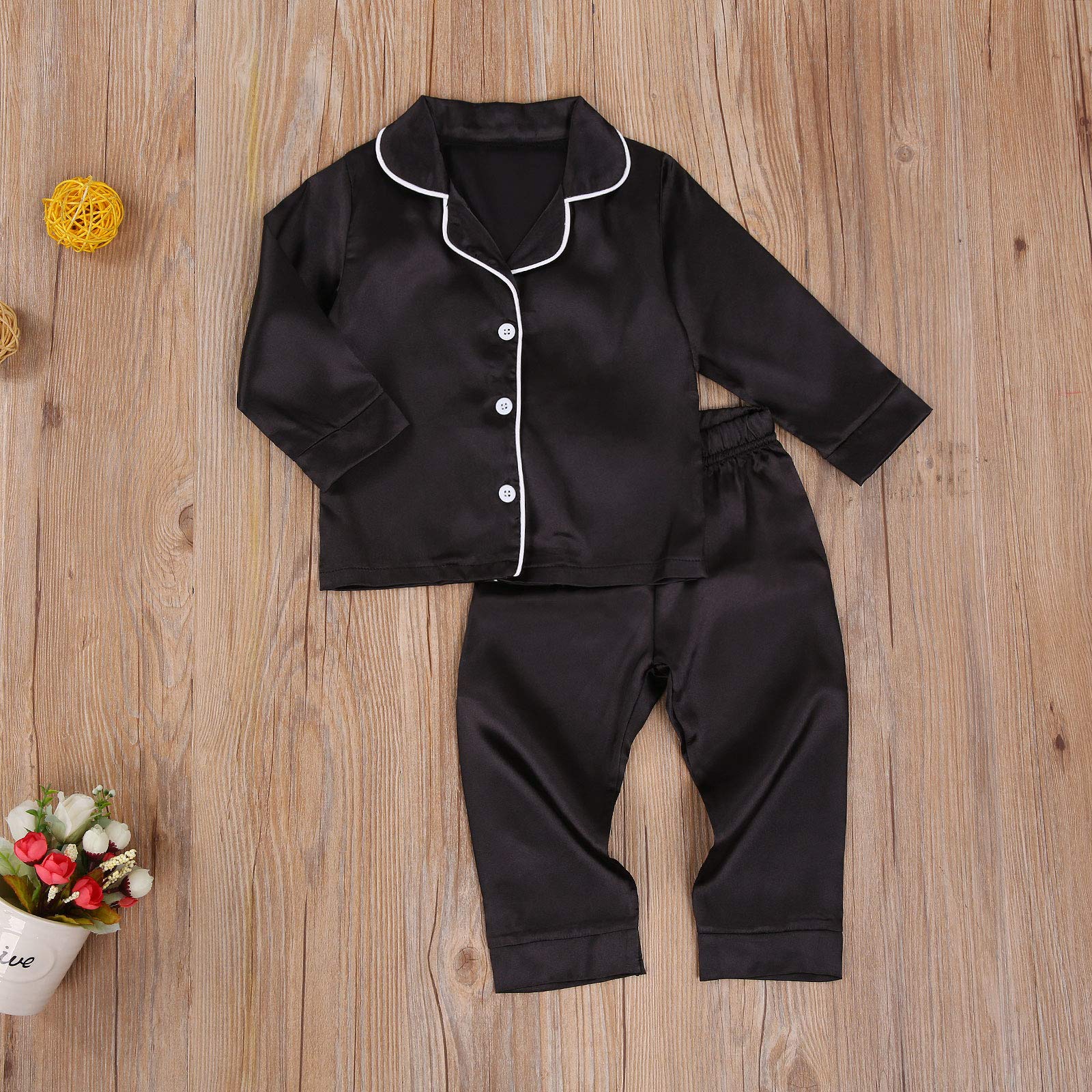 Kids Baby Girl Boy Satin Pajamas Set Button Down Sleep Shirt Top+Long Pants Bottoms Sleepwear Loungewear Clothes (W Black, 2-3 Years)
