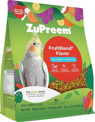 ZuPreem FruitBlend Bird Pellets, Daily Bird Food for Cockatiel, Lovebird, Quaker, Small Conure, Lorikeet, Core Nutrition for Medium Birds, Cockatiel Pellets, Conure Food (M, 2 lbs) - FruitBlend Pellets - 2 Pound (Pack of 1)