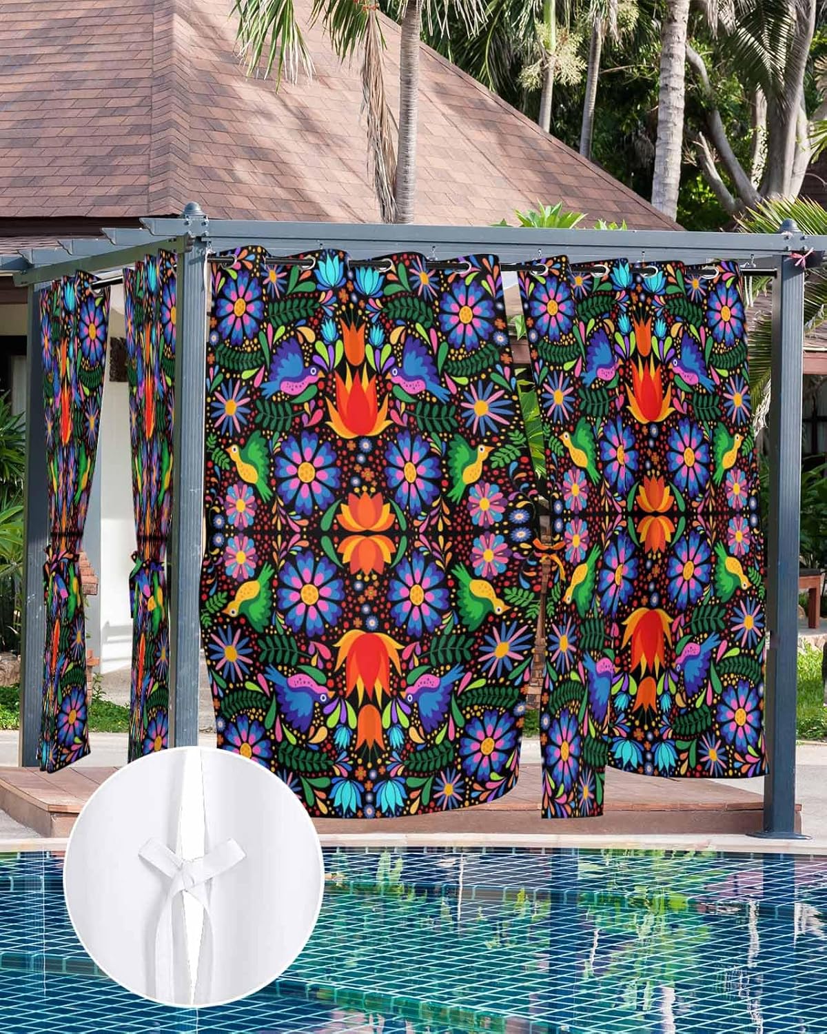 Outdoor Curtain for Patio Waterproof, Colorful Mexico Style Abstract Flower Floral Leaves Bird Windows Curtains Panels Outside Drapes for Living Room/Pergola/Garden/Balcony 52" W x 108" L