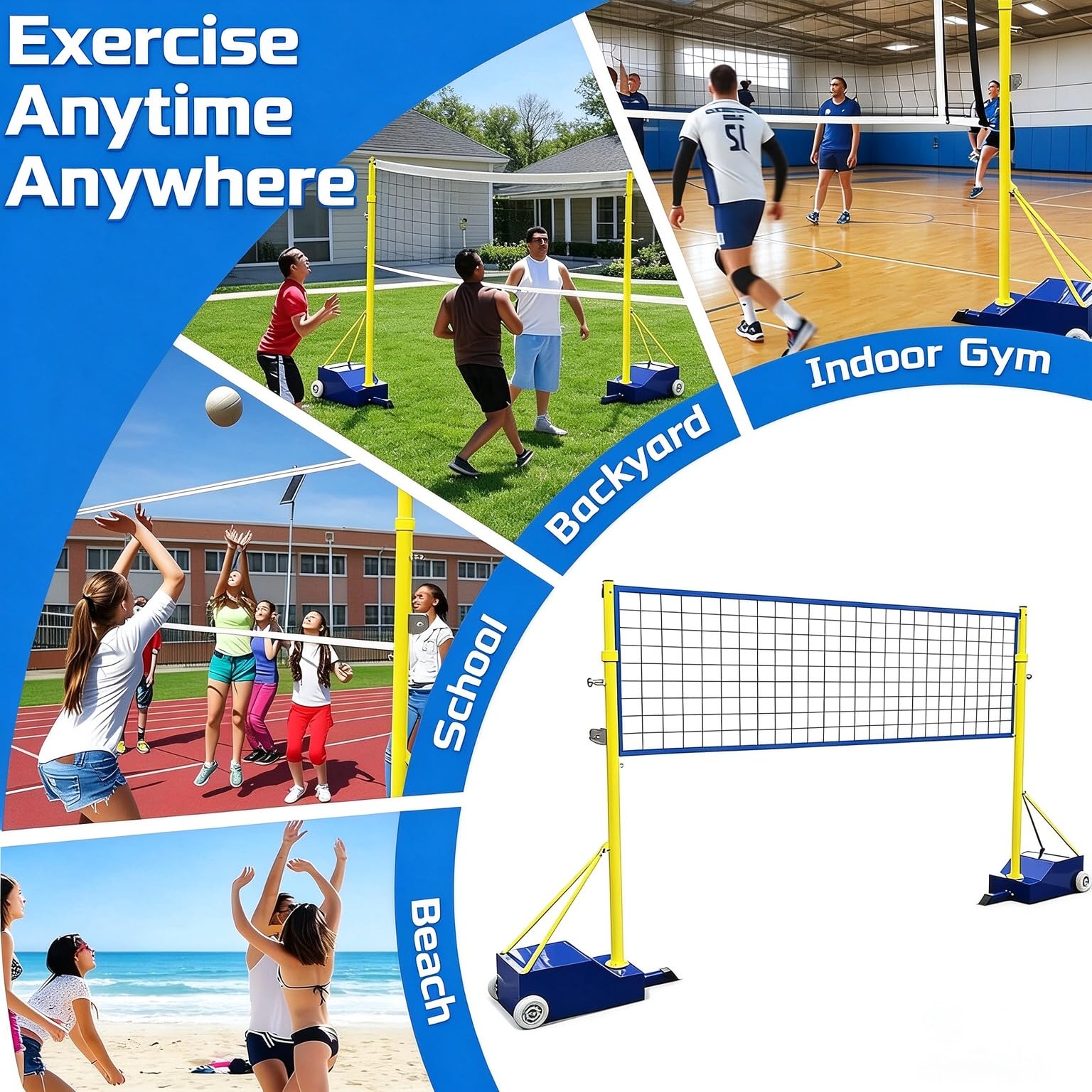 Pali da pallavolo/Badminton con Rete, Altezza Regolabile da 1,5 m a 2,07 m