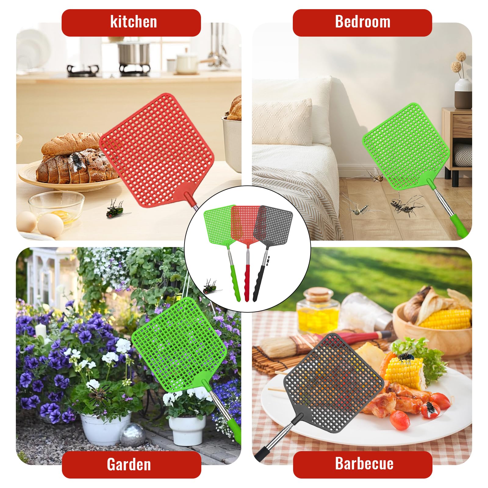 3 Pezzi paletta mosche,Estensibile Colorato Manuale Paletta Mosche,Portatile Scacciamosche Plastica,Paletta Mosche con Manico in Acciaio Inossidabile,per Mosche,Zanzare e Insetti(Negro,Verde,Rosso)