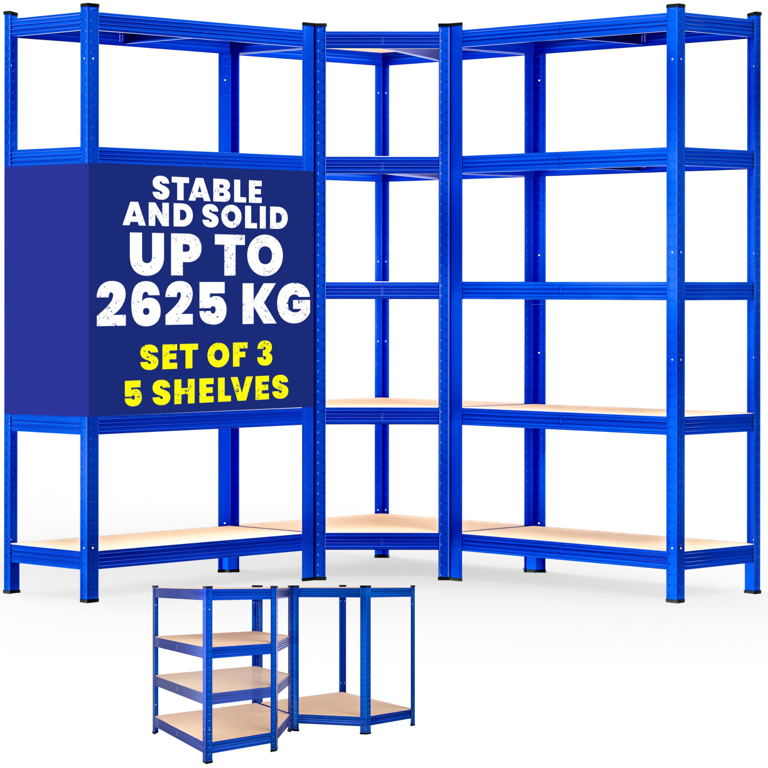 Monzana® 5 Tier Heavy Duty Corner Metal Shelving, Garage Shelves Corner Shelf Unit 3pc - Galvanised Steel Adjustable Shelving Units for Storage Unit Warehouse Shed Basement | Blue Shelves — image 1