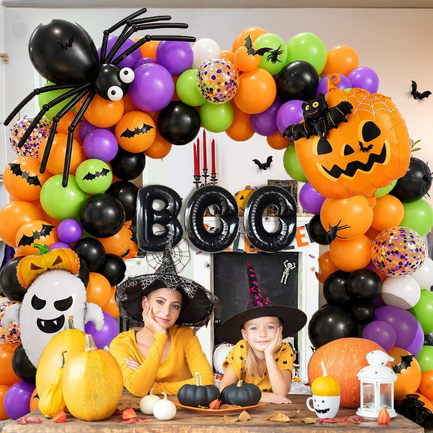 DBKL Halloween Balloons Garland Arch Kit with BOO Foil Balloon Spider Balloon Black Orange Purple Fruit Green Confetti Balloons for Halloween Party Decorations image 4