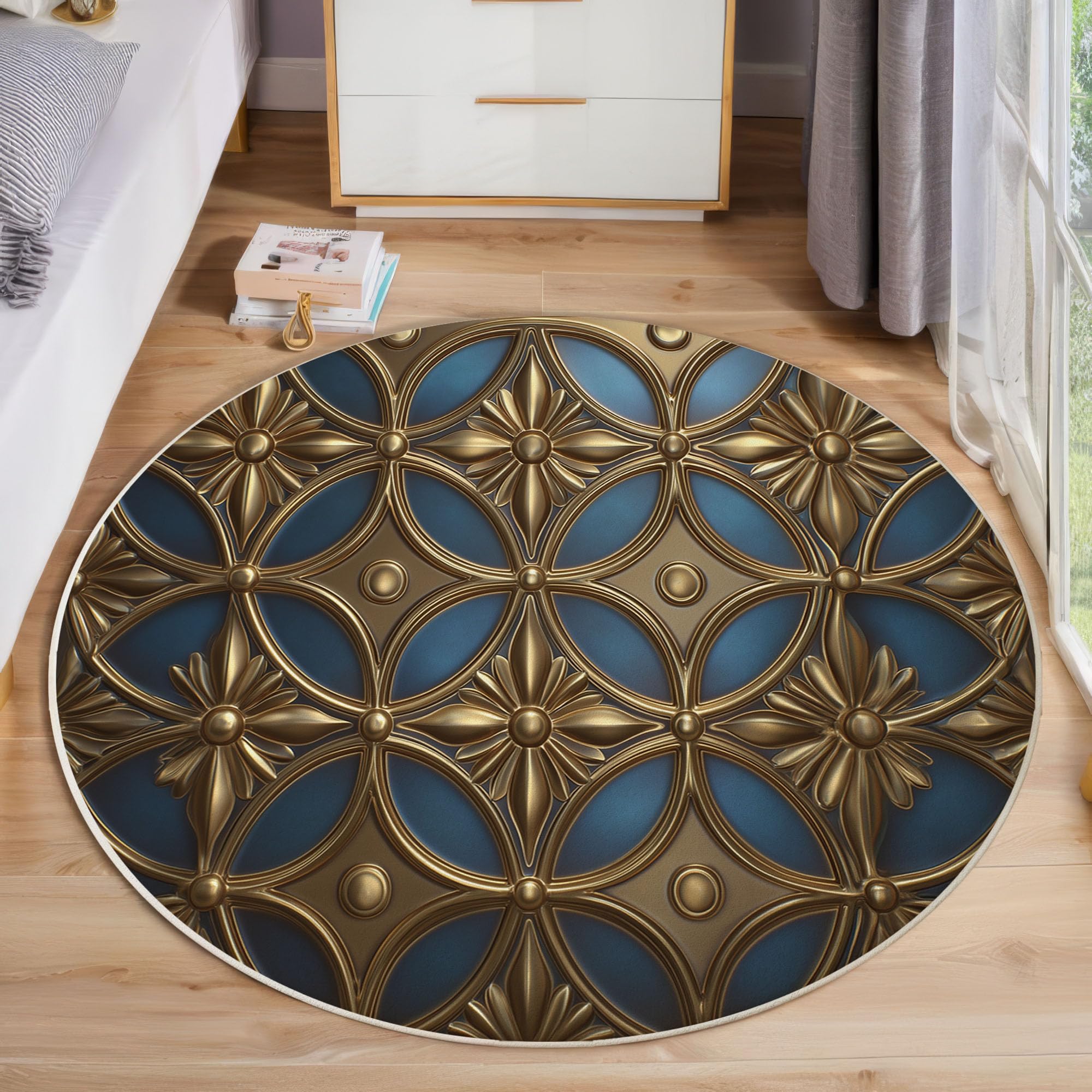 Tapis rond 3D de luxe géométrique bleu marine abstrait