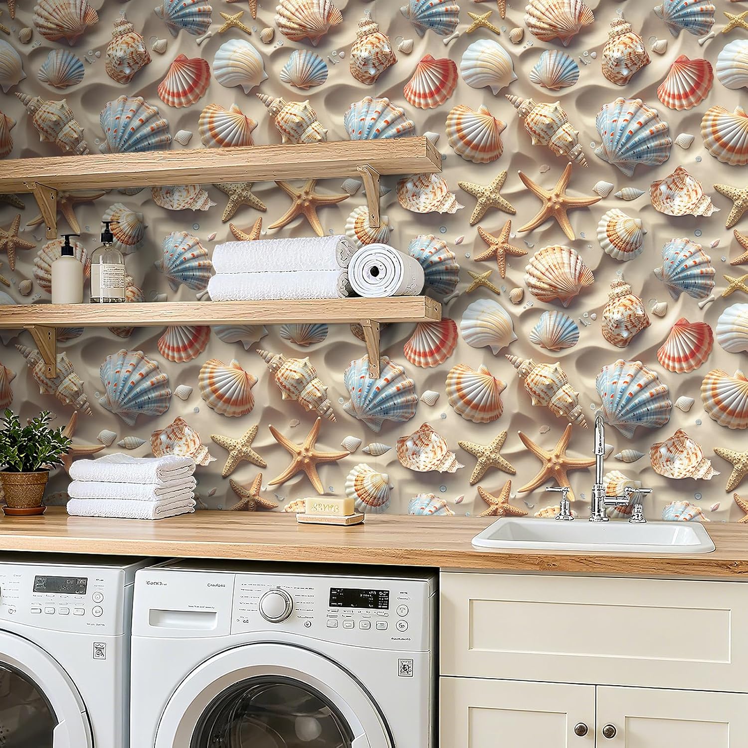FunStick 17.5x354 Beige Wallpaper Coastal Peel and Stick Wallpaper for Bathroom Laundry Room Wall Paper Waterproof Seashell Starfish Sand Beachy Removable Coastal Contact Paper for Wall Mural Shelves