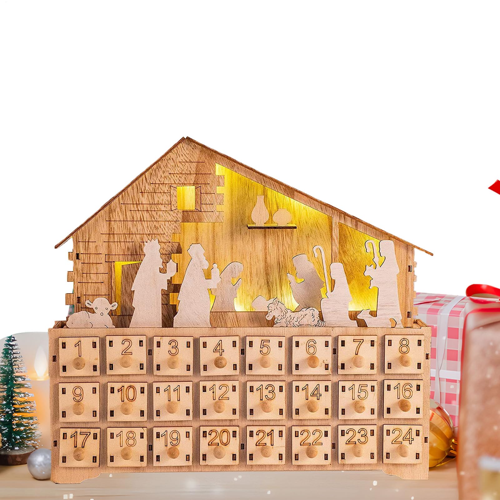Haus Weihnachtskrippe, Advent, Weihnachtsdekoration, handgefertigt, aus christlichem Holz | Countdown LED-beleuchtete Schublade für den Innenbereich, für Feiertage für Kinder, Erwachsene, Weihnachtsdekoration, Krippe