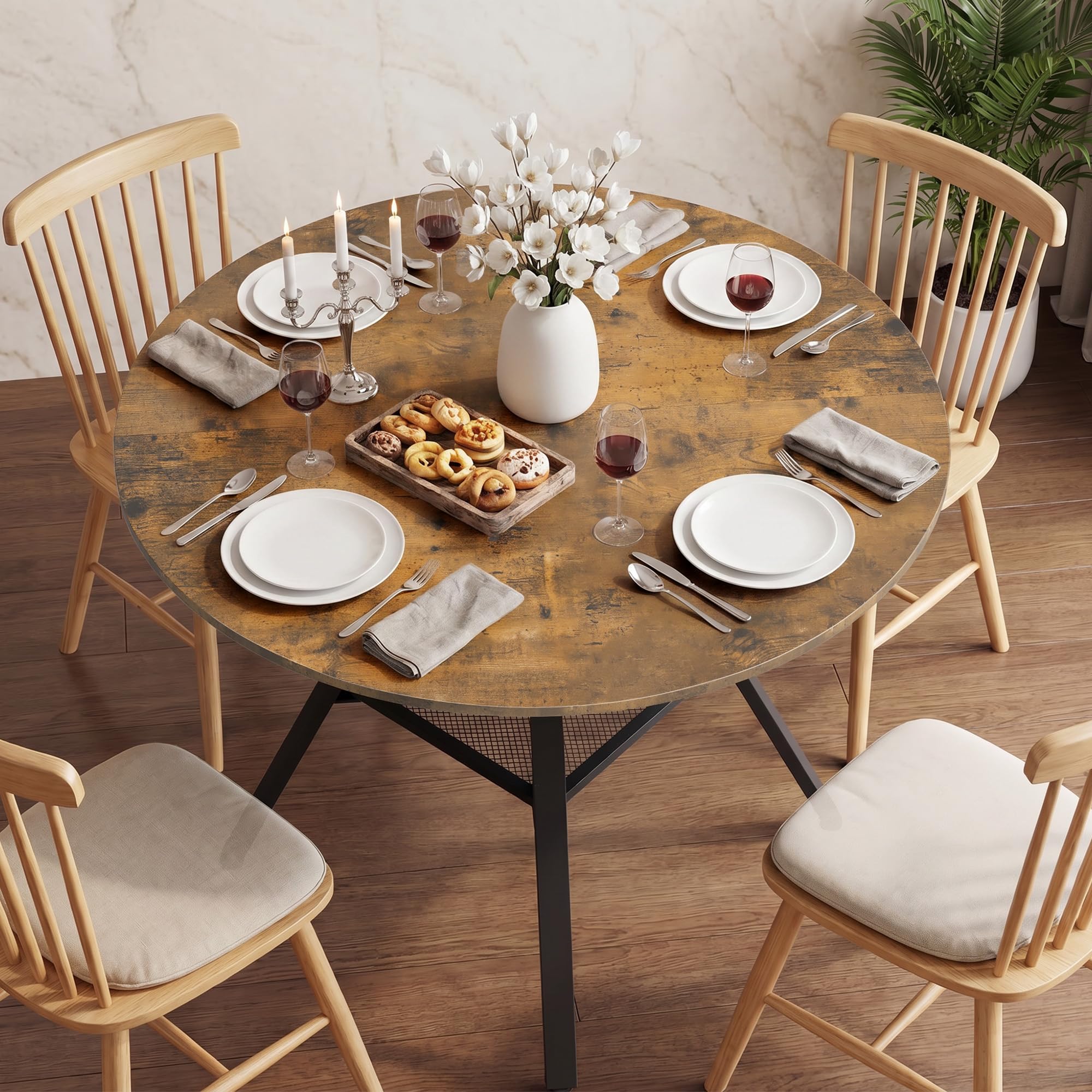 Tavolo da Pranzo Rotondo per 4-6 Persone, Tavolo da Cucina Industriale con Ripiano a Rete, Tavolo in Legno Salvaspazio per Sala da Pranzo e Cucina (Retrò, 100cm)