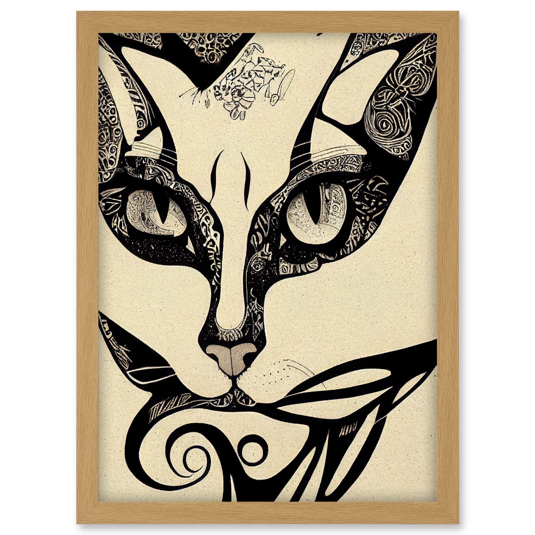 Doppelganger33 LTD Abstract Boho Portrait Cat Sketch Cat Tribal Intricate Artwork Framed A3 Wall Art Print