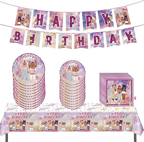 Pink Girl Robot Blocks Party Birthday Supplies, vajilla para fiesta de juegos de niñas con pancarta de feliz cumpleaños, mantel, platos de papel