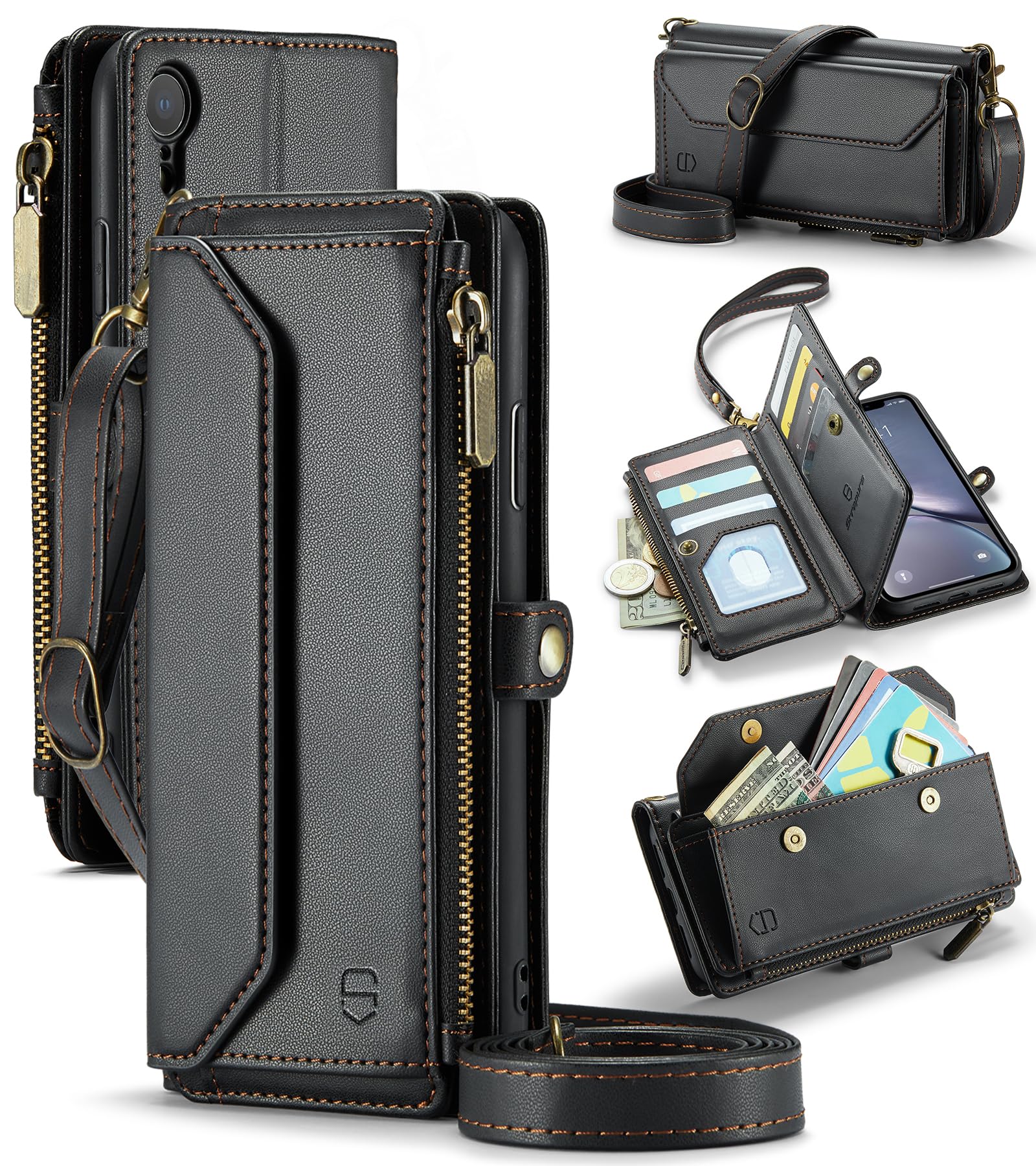 Strapurs Crossbody for iPhone XR Wallet Case?RFID Blocking? with 7-Card Holder Zipper Bills Slot, Soft PU Leather Magnetic Flip Wristlet Shoulder Strap for iPhone XR Phone Case Wallet for Women,Black