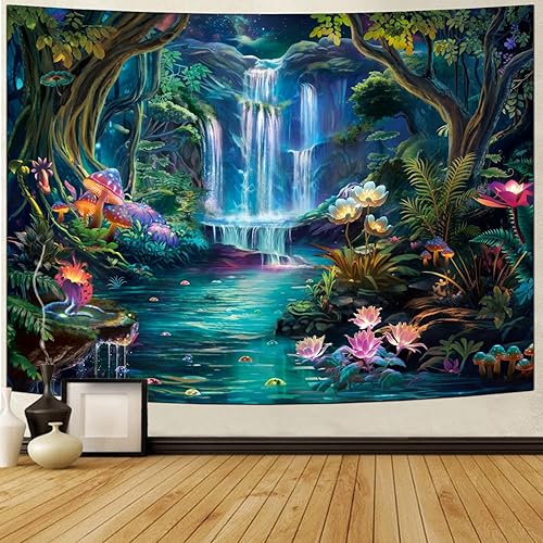 Miniatura 3 de Generleo Tapiz de bosque con diseño de hongos, flores, galaxia, cascada, colorido, floral, plantas, tapiz de pared, tapiz estético de fantasía,