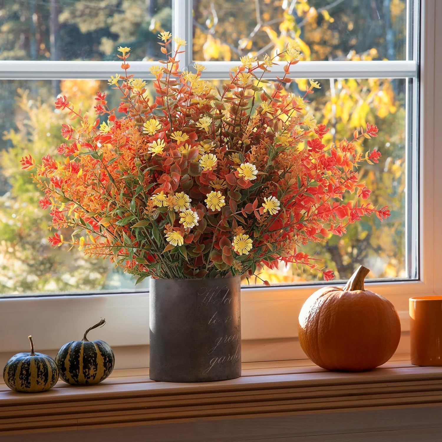 Branches Et Fleurs Artificielles D'automne - 8 Bouquets Orange/jaune, 35 Cm, Plastique Résistant UV, Décoration Maison Intérieur/extérieur