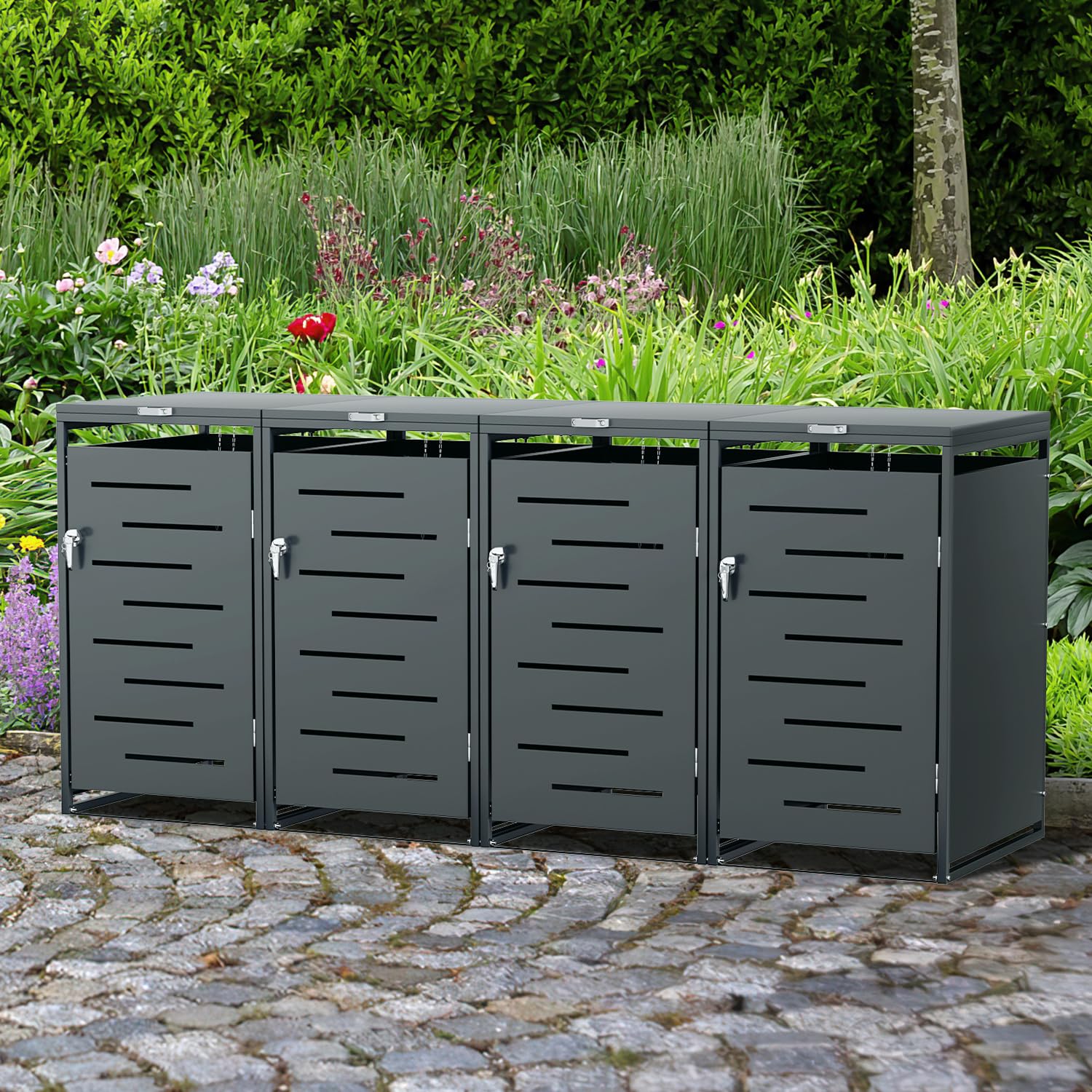 Mülltonnenbox 4er für 4 x 120L und 240L Tonnen, Mülltonnenverkleidung aus verzinktem Stahl, pulverbeschichtet, wetterfest, abschließbar mit Schloss und Gasdruckdämpfer, Anthrazit