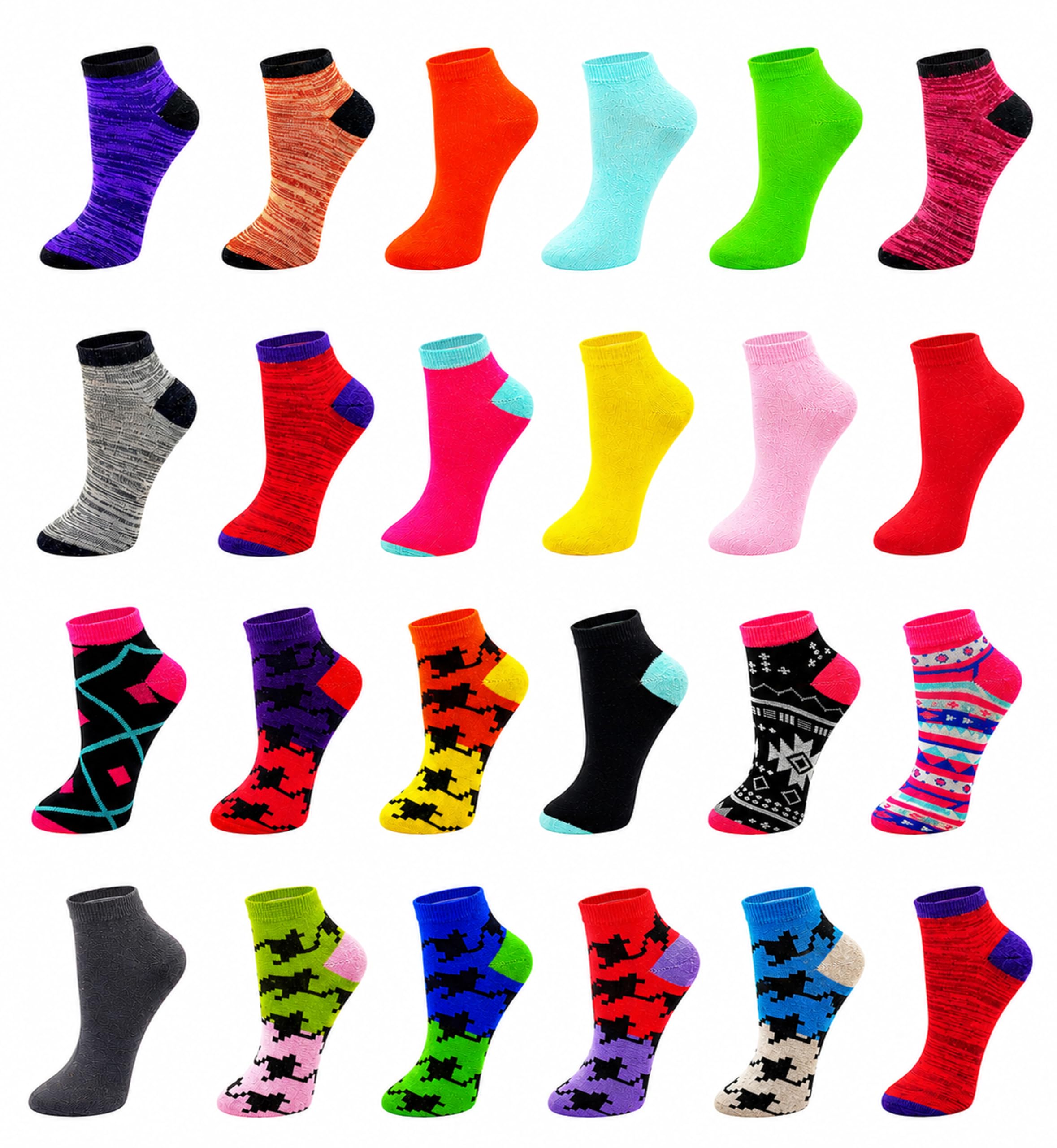 Winterlace 24 Pairs Womens Ankle Socks, Low Cut Colorful Fun Athletic Casual No-Show Teens Bulk Value Pack