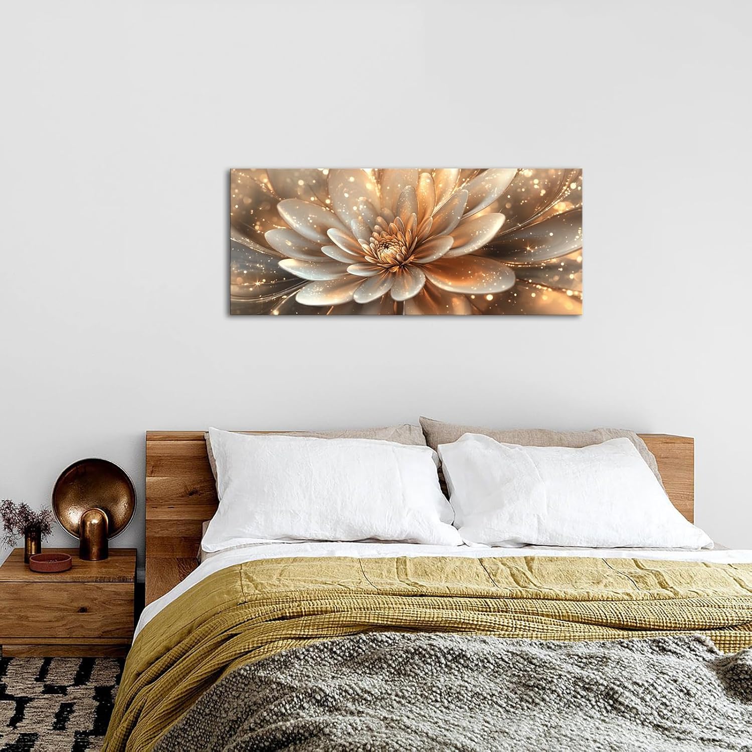 iKNOW FOTO Modern Abstract Shiny Flower Wall Art Brown and Gold Floral Botanical Canvas Print for Living Room, Bedroom, Home Office Decor, Contemporary Wall Art Ready to Hang 20x48 Inches - Image 5