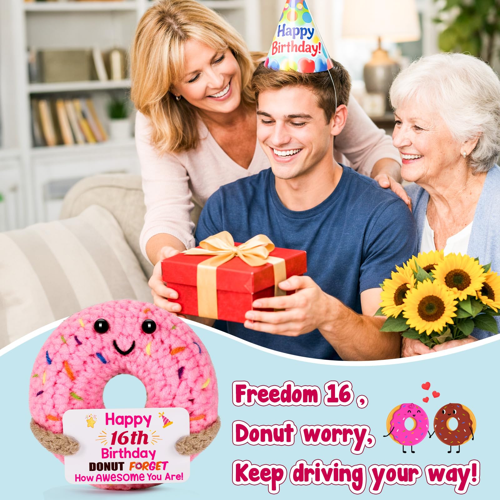 BuiltFit Sweet 16 Birthday Gifts - 16th Sixteen Year Old Gifts for Girls Boys, Cute Crochet Donut Happy 16 th Bday Party Favors Decorations New Driver Present for Teens Daughter Granddaughter