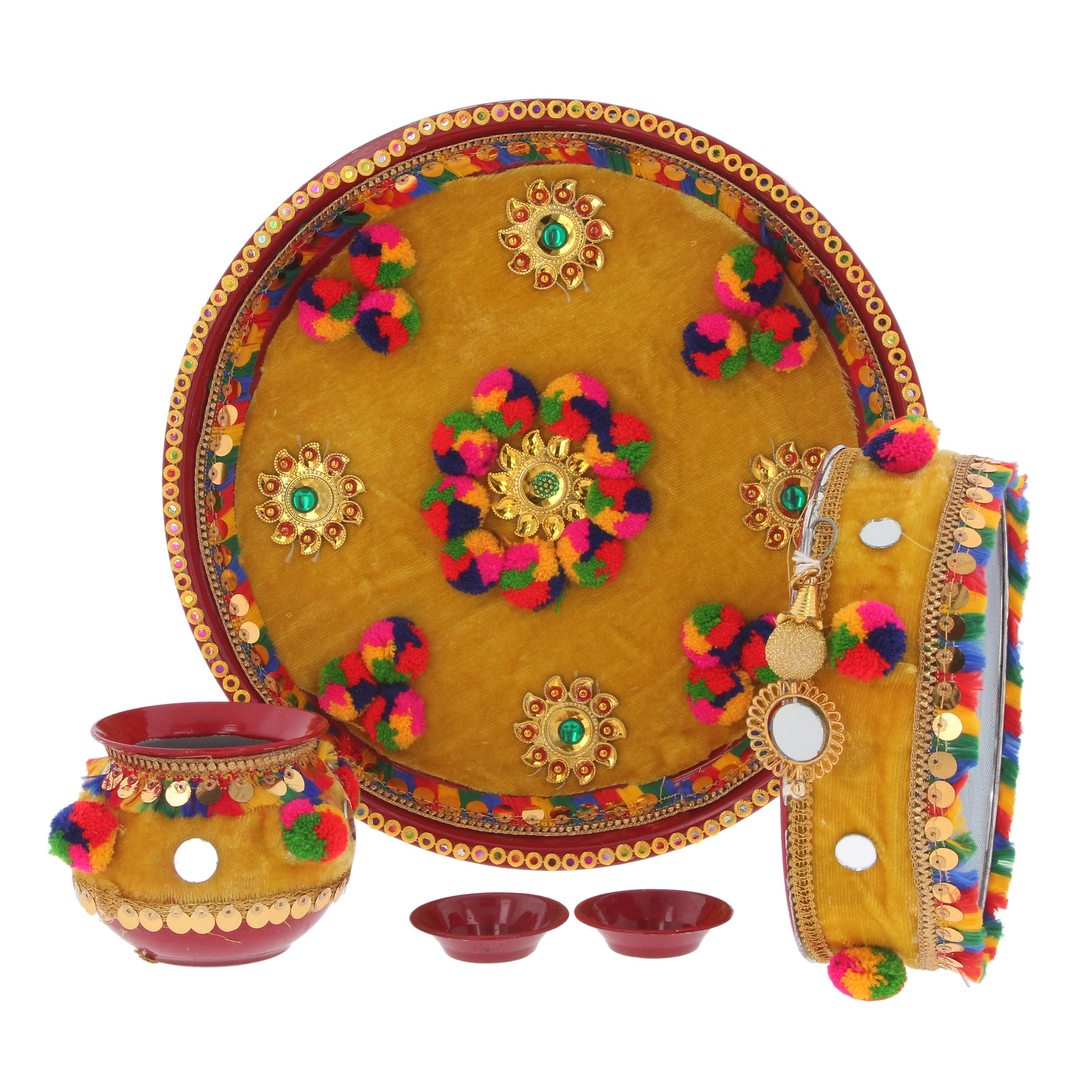 Karwa Chauth Set Karva Chauth Thali Indian Pooja Puja Kalash Lota Chalni Channi Diya Karwachauth Diwali Traditional Combo Multicolour Decorative Husband Wife Festival Gift (Full Set - Design 8)