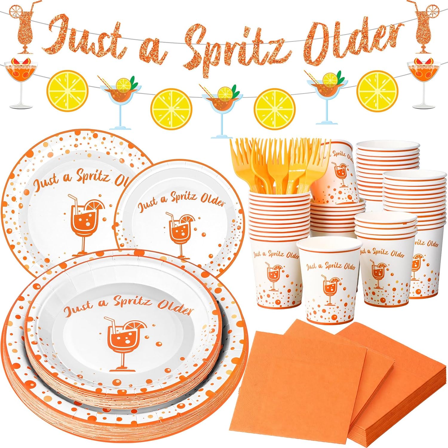 Yungyan 122 Pcs Just a Spritz Older Party Decoration Tableware Set Just a Spritz Older Banner Bar Napkins Plates Cups Lemon Citrus Birthday Decoration Orange Glitter Birthday Party Supplies Serve 24