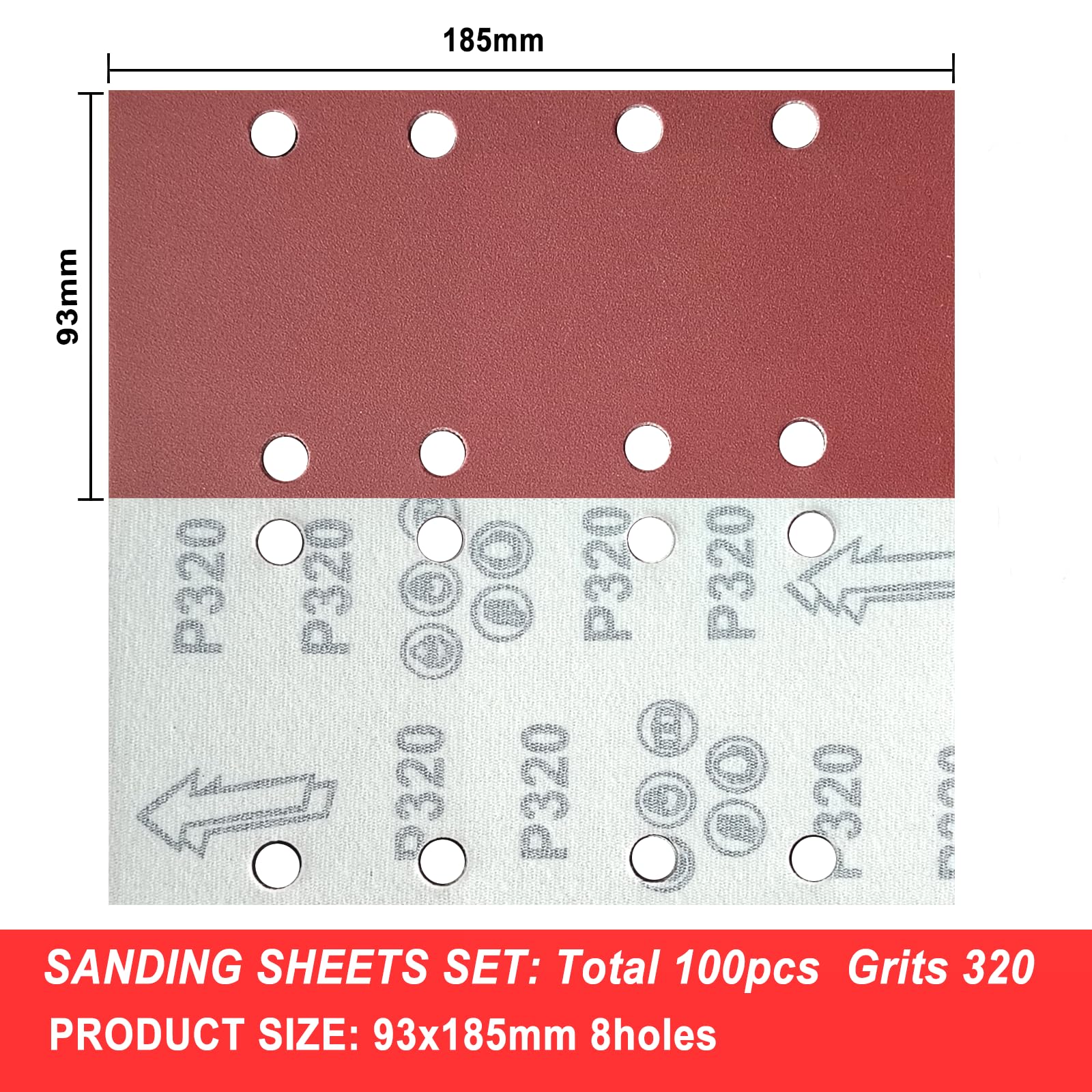 Wanmutrun Rectangular Detail Sandpaper 100Pcs Sander Pads 93x185MM Grit 320 8Hole Sanding Sheets for Electric Sander Hook and Loop Sanding Pads - Image 2