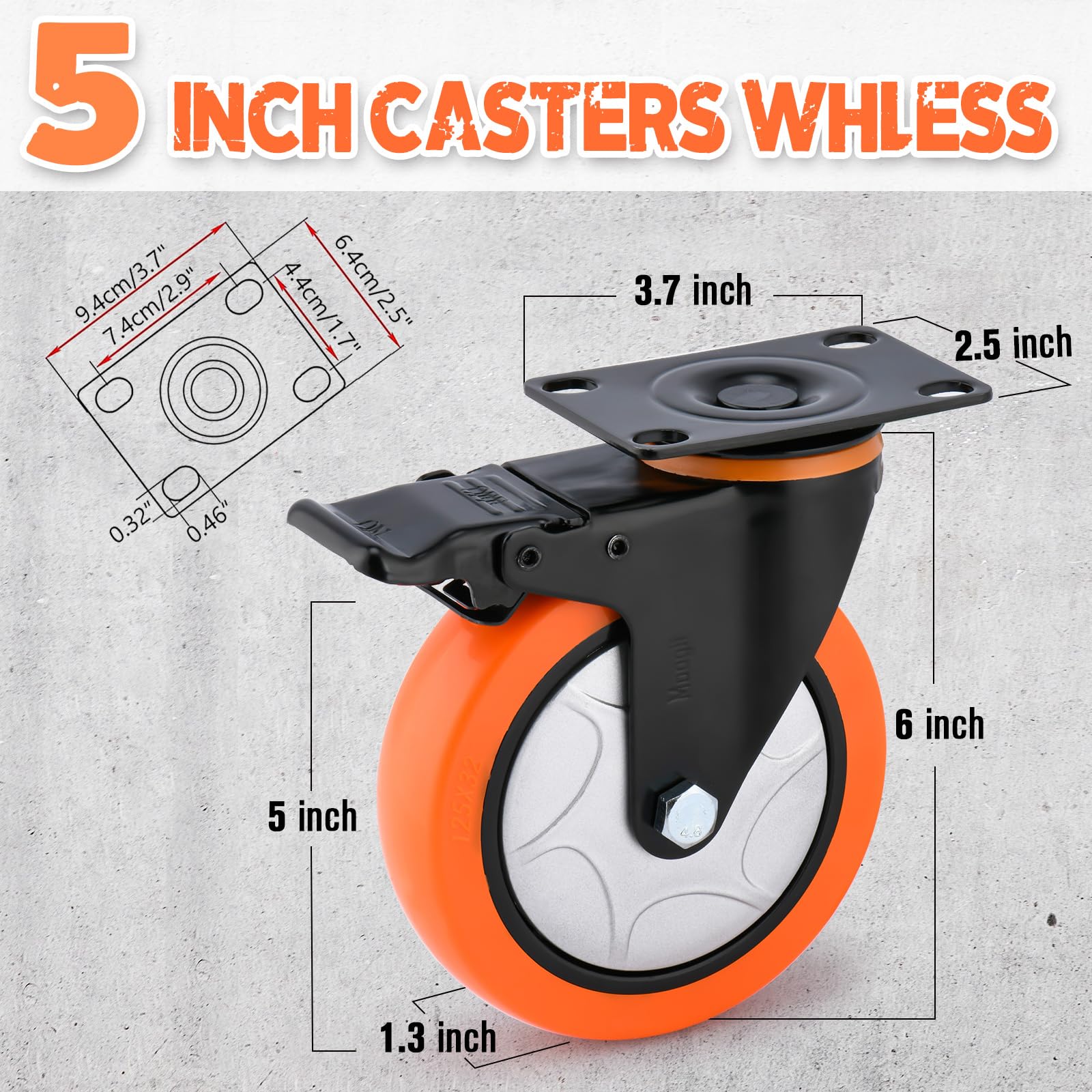 Moogiitools Set di 4 Ruote per Mobili 4 ruote girevoli mobili con freno,Rotelle per Mobili Silenziose Girevoli a 360°, Rotelle con Freno per Banco da Lavoro (127mm-Portata Max 1000KG)