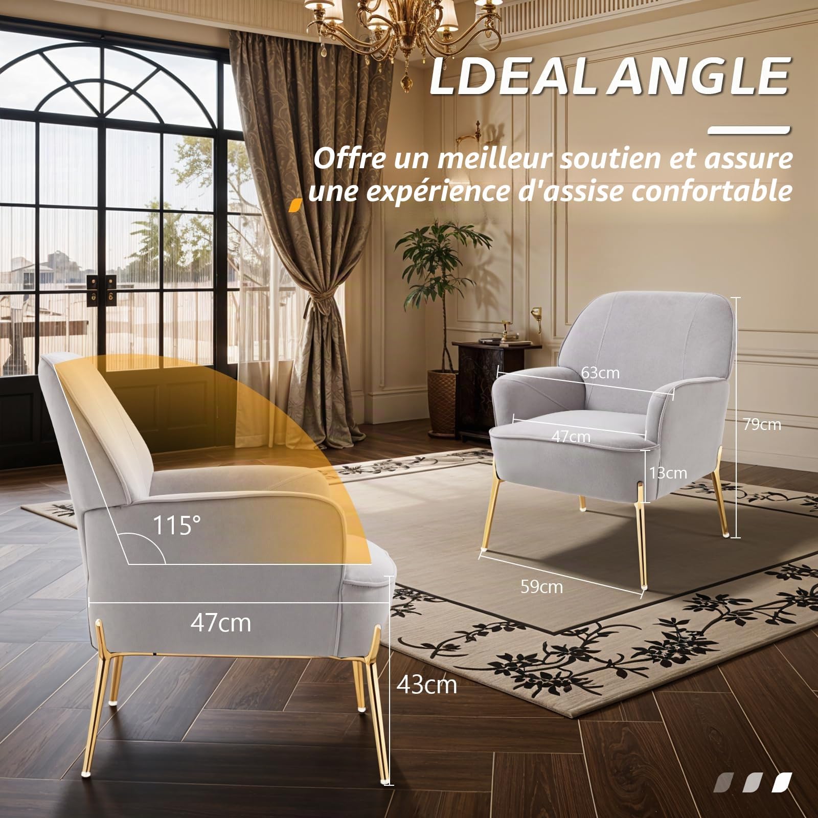 SEPNINE Fauteuil en Velours Confortable avec Accoudoirs, Assise Épaisse et Pieds en Métal, Chaise Relax pour Salon ou Chambre- Jusqu'à 135 kg