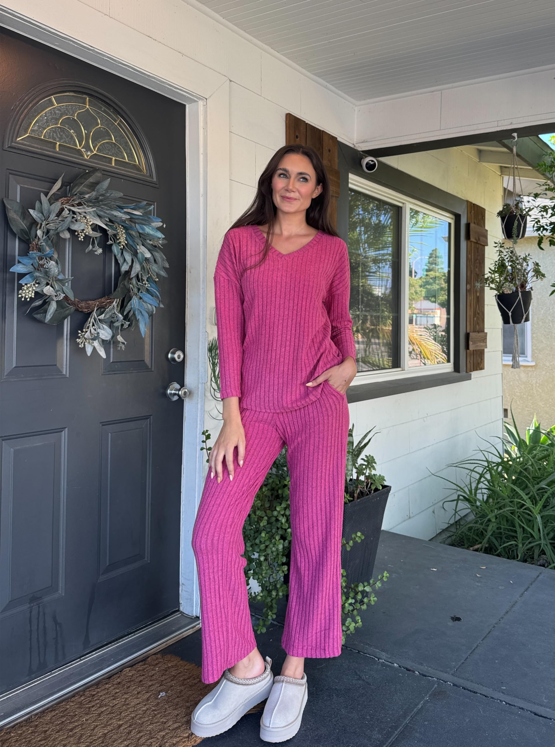 GRECERELLE Womens Pyjamas Set Lounge Wear Pjs for Women UK Ribbed Loungewear Autumn 2 Piece Outfits V-Neck Long Sleeve Blouses And Wide Leg Trousers Sleepwear Homewear