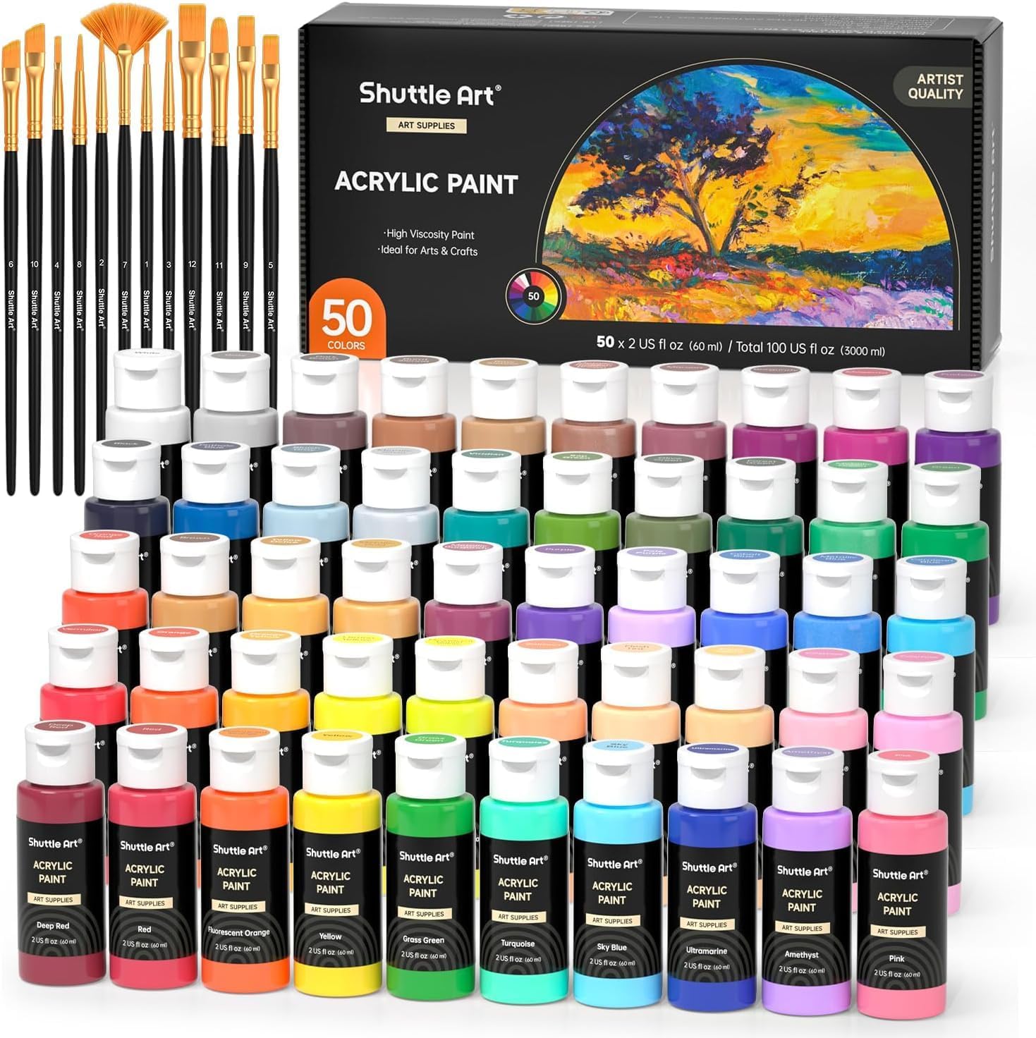 Shuttle Art Acrylic Paints, Set of 50 Colors, Acrylic Pigments with 12 Brushes Included, Quick Drying, Waterproof, Durable, 2.0 fl oz (60 ml), Vibrant Metallic, Fluorescent Color, Large Capacity, Stretchable, Illustration, Coloring, Crafts, DIY, Handmade, Fluid Art, Polling Art, Tall Painting, for Canvas, Glass, Ceramics, Wood, Art Supplies for Adults and Kids, Beginners, Experts