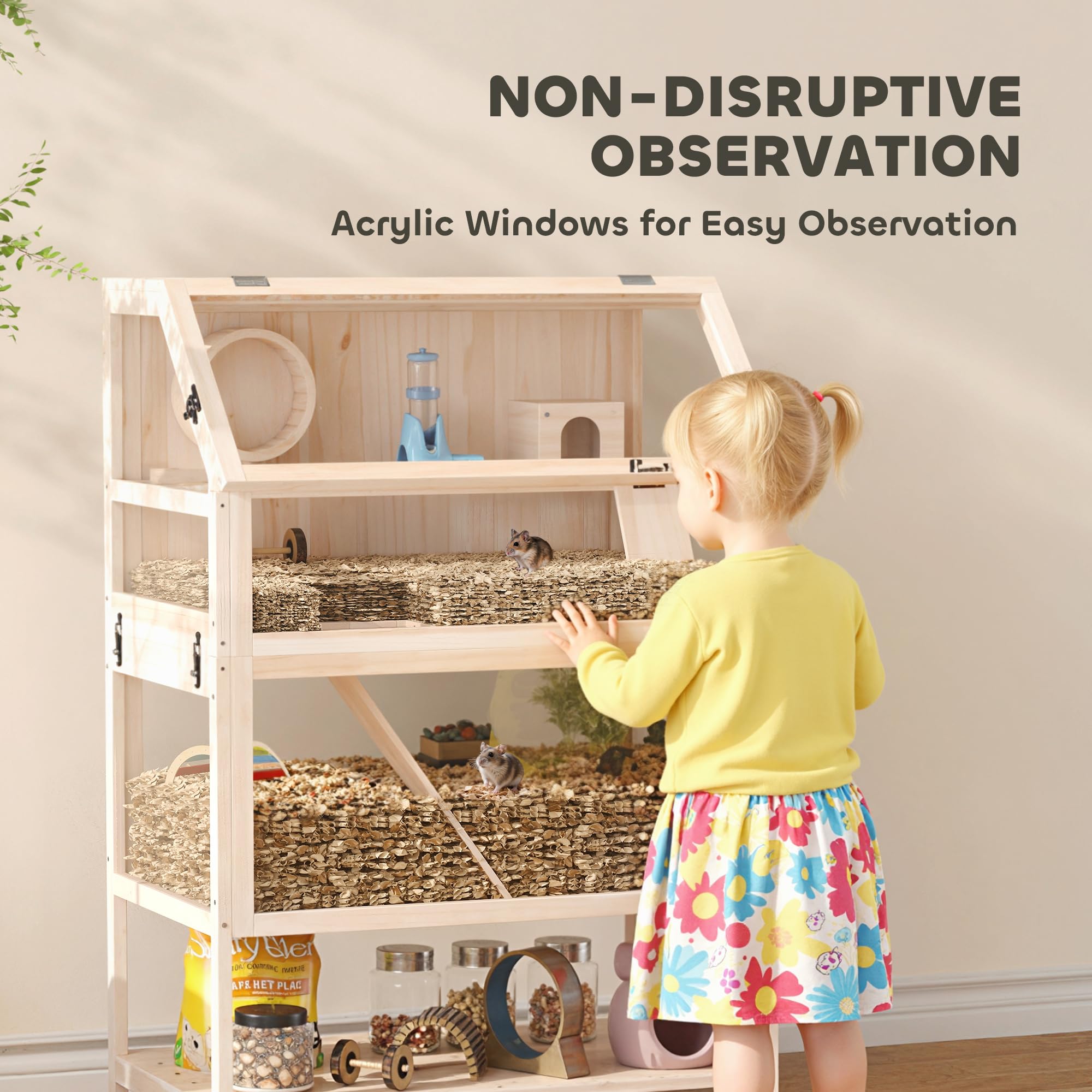 PawHut Hamsterkäfig aus Holz 3 Etagen 80 x 53 x 117 cm Nagerkäfig Kleintierkäfig mit abnehmbar Boden Ablage Laufrad Wippe Rampe Wasserflasche Hütte Mäusekäfig für Zwerghamster Naturholz